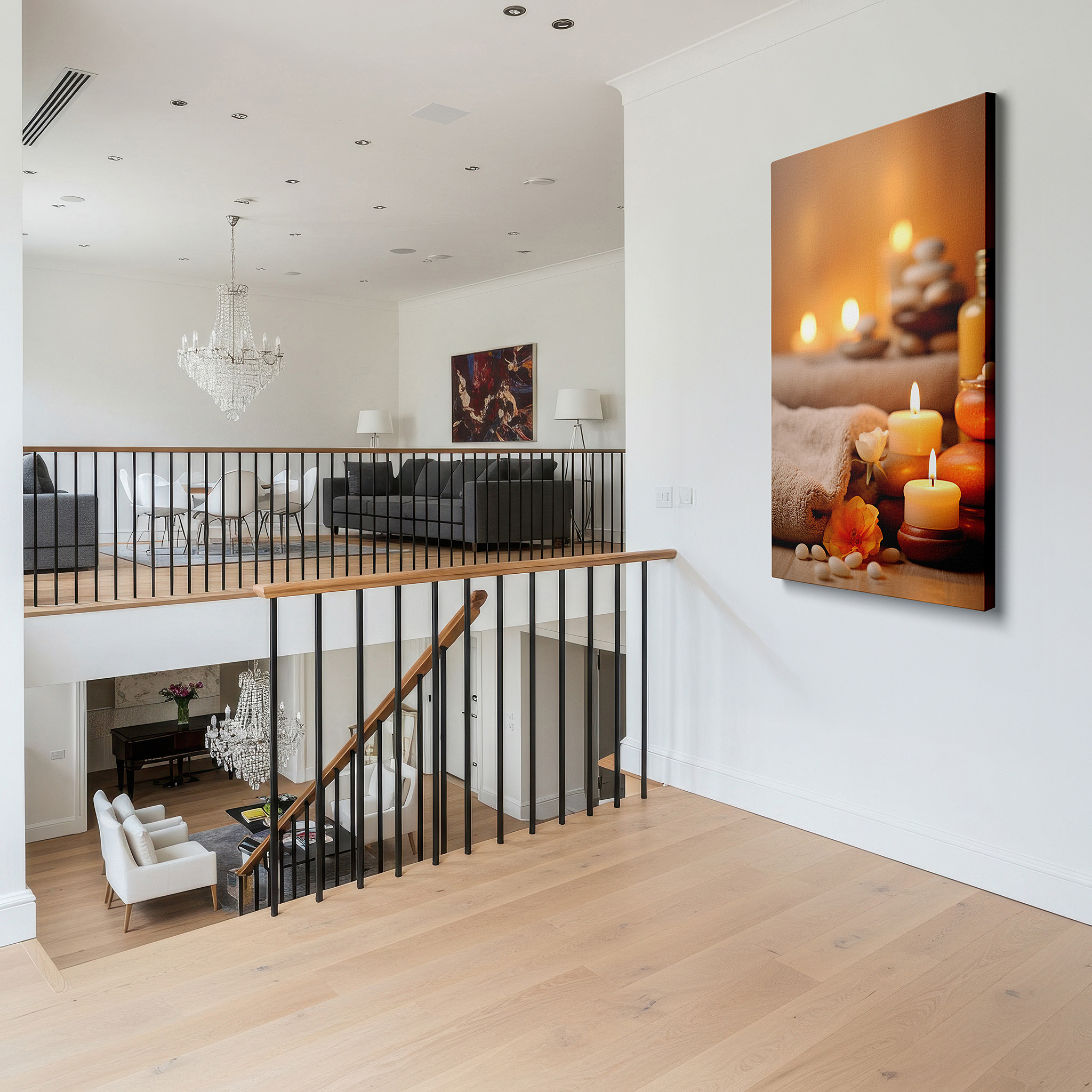 Side profile highlights a tightly wrapped canvas over a 3 cm deep stretcher — wall art: experience serenity with candles and stones, large spa-themed canvas art for home and office decor, perfect for bedrooms and living spaces