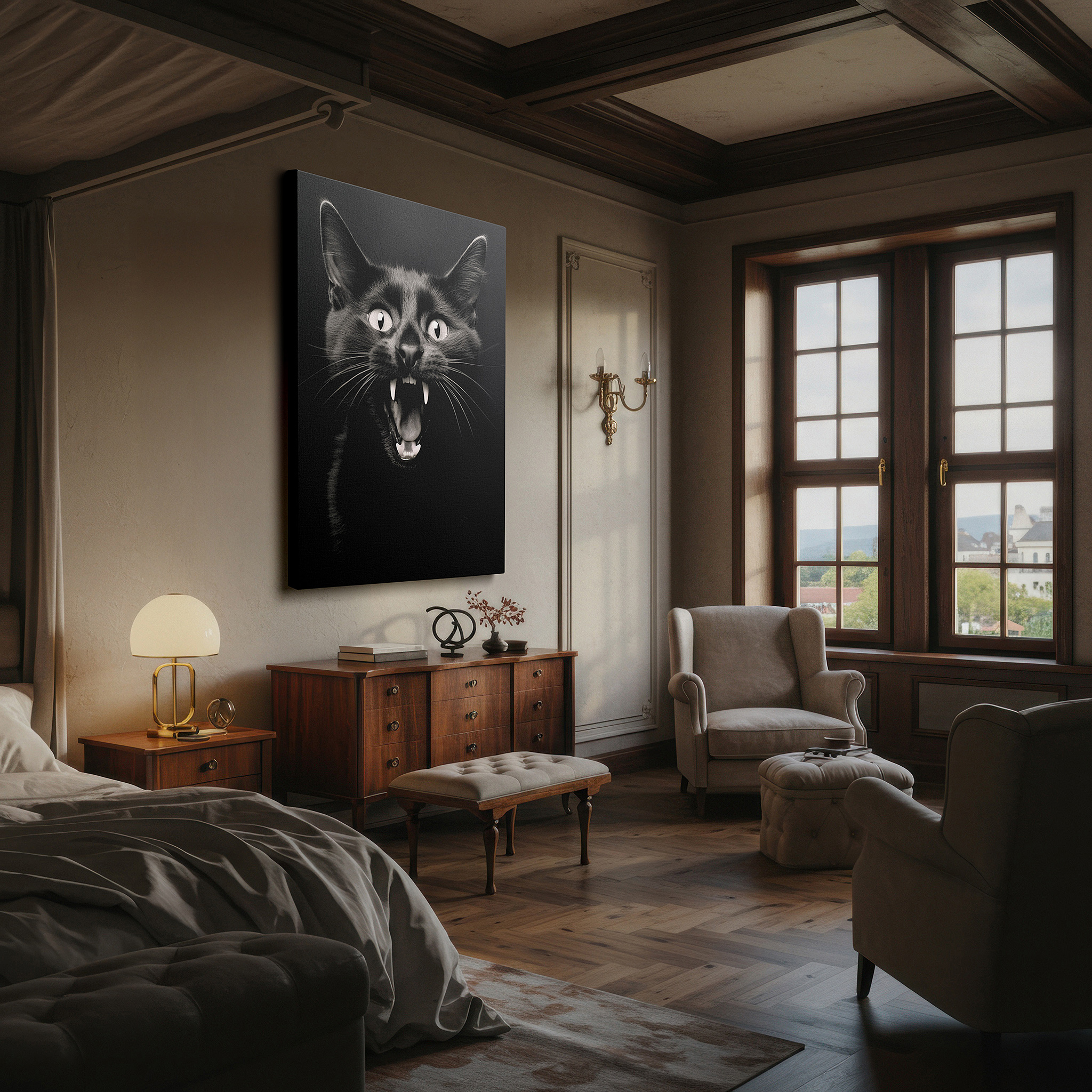 Side profile highlights a tightly wrapped canvas over a 3 cm deep stretcher — wall art: fierce black cat in mid-roar exuding pure emotion and untamed essence - ideal for living room, bedroom, or office decor, available as large canvas wall art