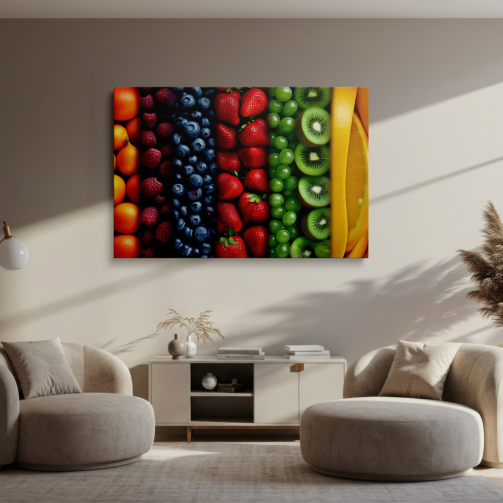 Side profile highlights a tightly wrapped canvas over a 3 cm deep stretcher — wall art: a lush display of nature's abundance in berries and fruits - large canvas wall art for office, bedroom, and living room decor