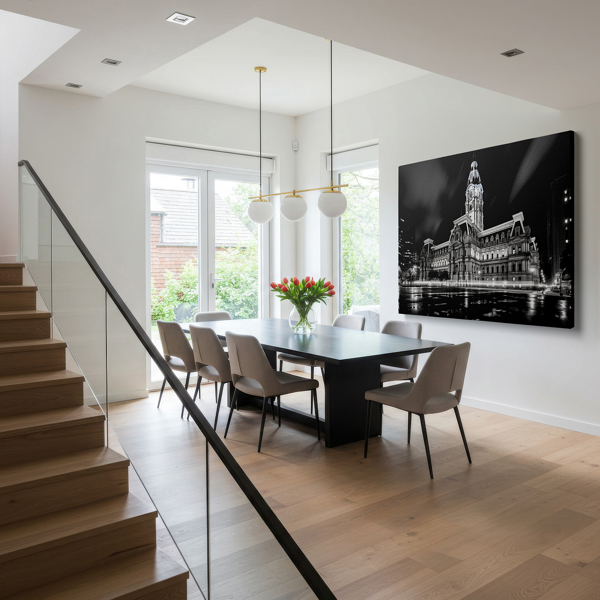 Side profile highlights a tightly wrapped canvas over a 3 cm deep stretcher — wall art: majestic city hall at night - monochrome symphony of light and shadow. large canvas wall art for office and bedroom decor.