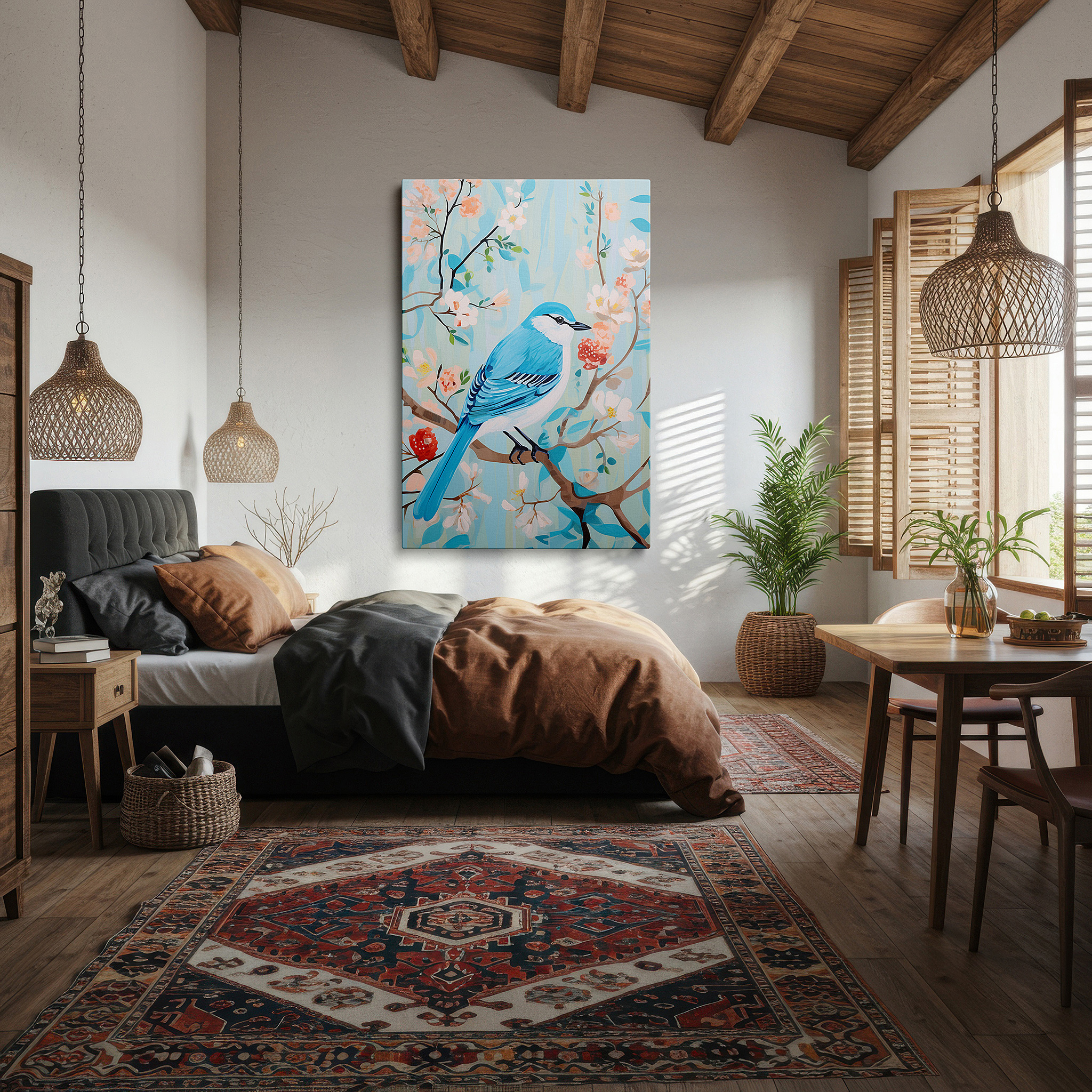 Side profile highlights a tightly wrapped canvas over a 3 cm deep stretcher — wall art: tranquil nature scene featuring a blue bird on a flower-filled branch - large canvas wall art for office and bedroom decor