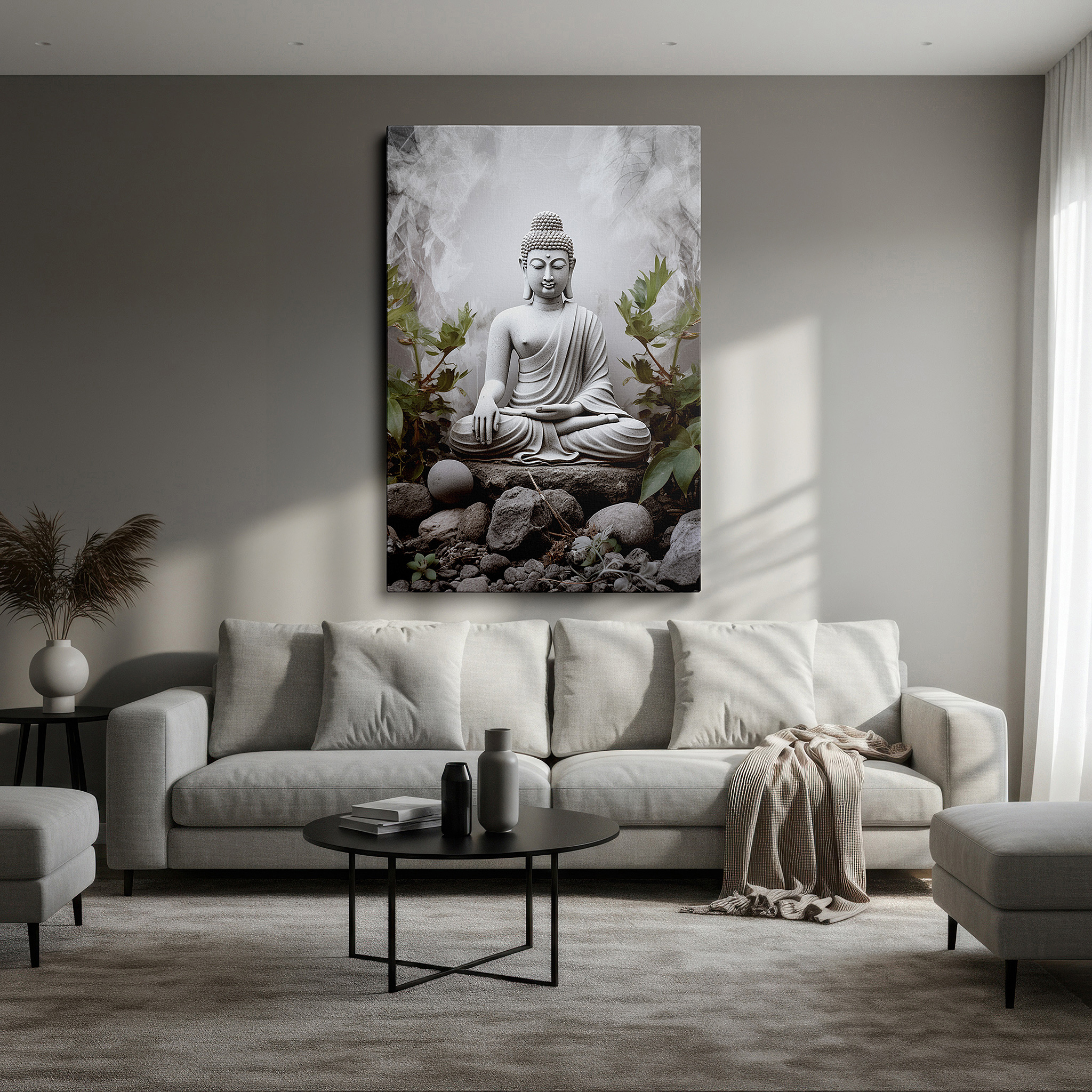 Side profile highlights a tightly wrapped canvas over a 3 cm deep stretcher — wall art: tranquil white marble buddha surrounded by verdant foliage - a representation of peace and enlightenment. ideal for home or office decor, available as large canvas wall art.