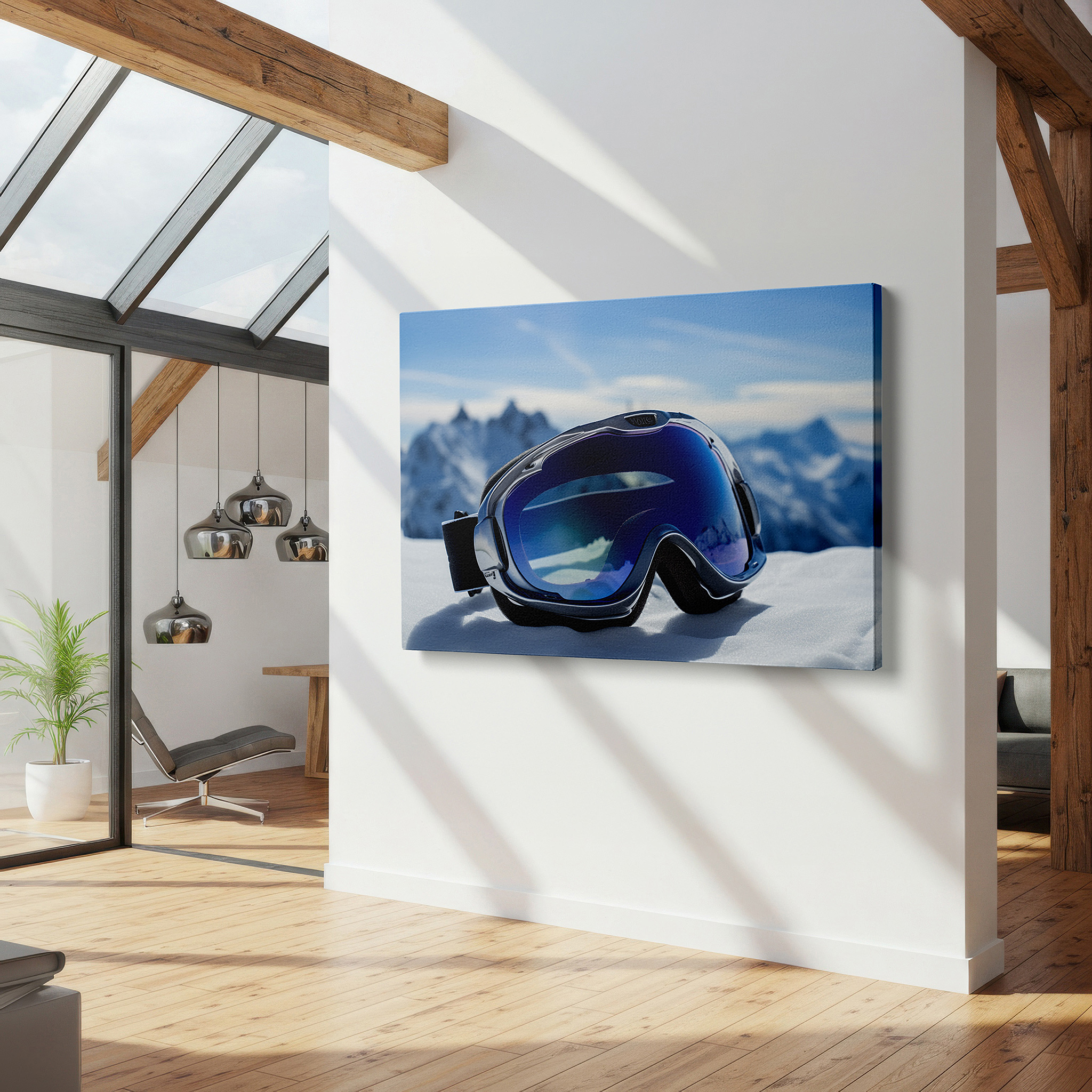 Side profile highlights a tightly wrapped canvas over a 3 cm deep stretcher — wall decor: elegant winter sports scene with reflective ski goggles and snow-capped peaks - large canvas art for office and home