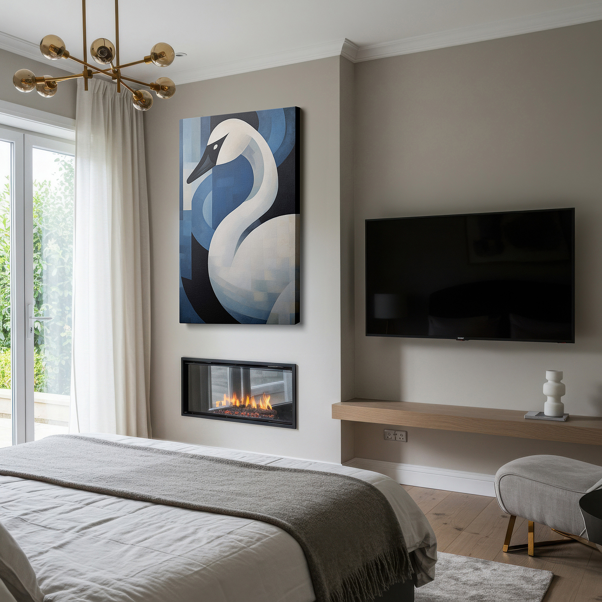 At 60×40 cm, this format fits effortlessly over dressers or benches — abstract white swan on vivid blue background, modern and sophisticated large wall art, canvas wall art for office decor