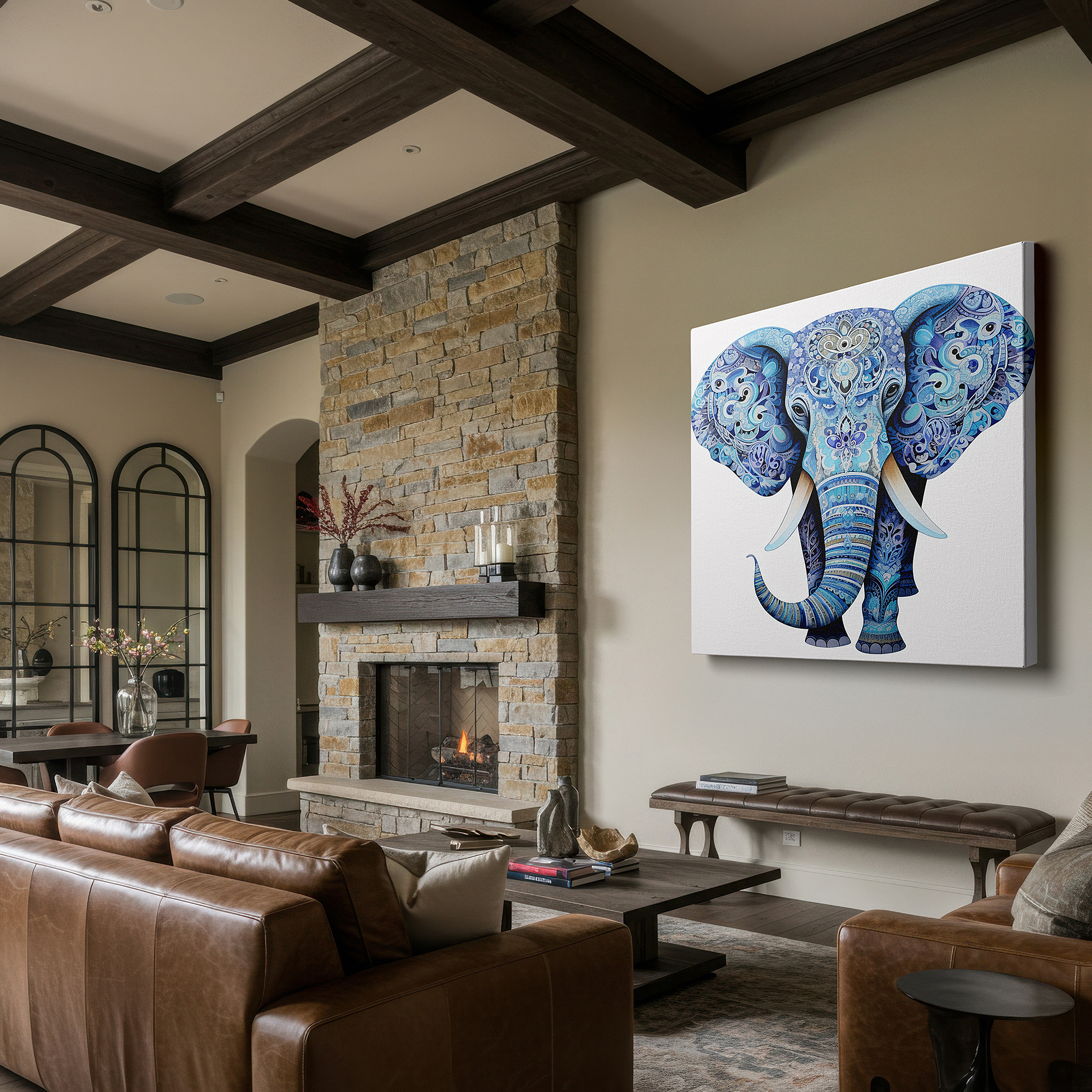 At 60×40 cm, this format fits effortlessly over dressers or benches — blue elephant wall art featuring geometric patterns: a symbol of peace and cultural richness - large canvas art for office and home decor