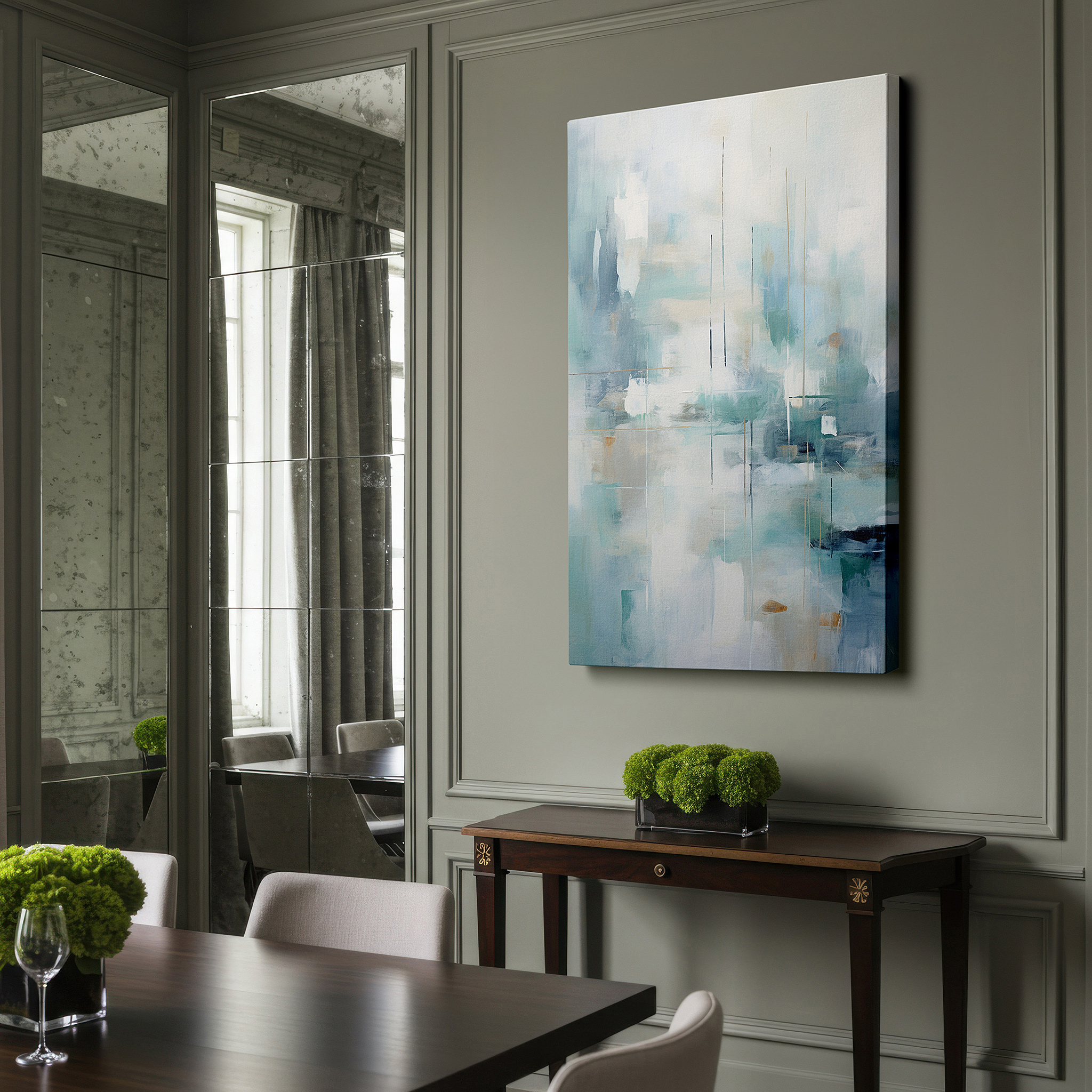 At 60×40 cm, this format fits effortlessly over dressers or benches — calm waters essence in soothing blues and greens, tranquil abstract large wall art for peaceful reflection, canvas wall art decor