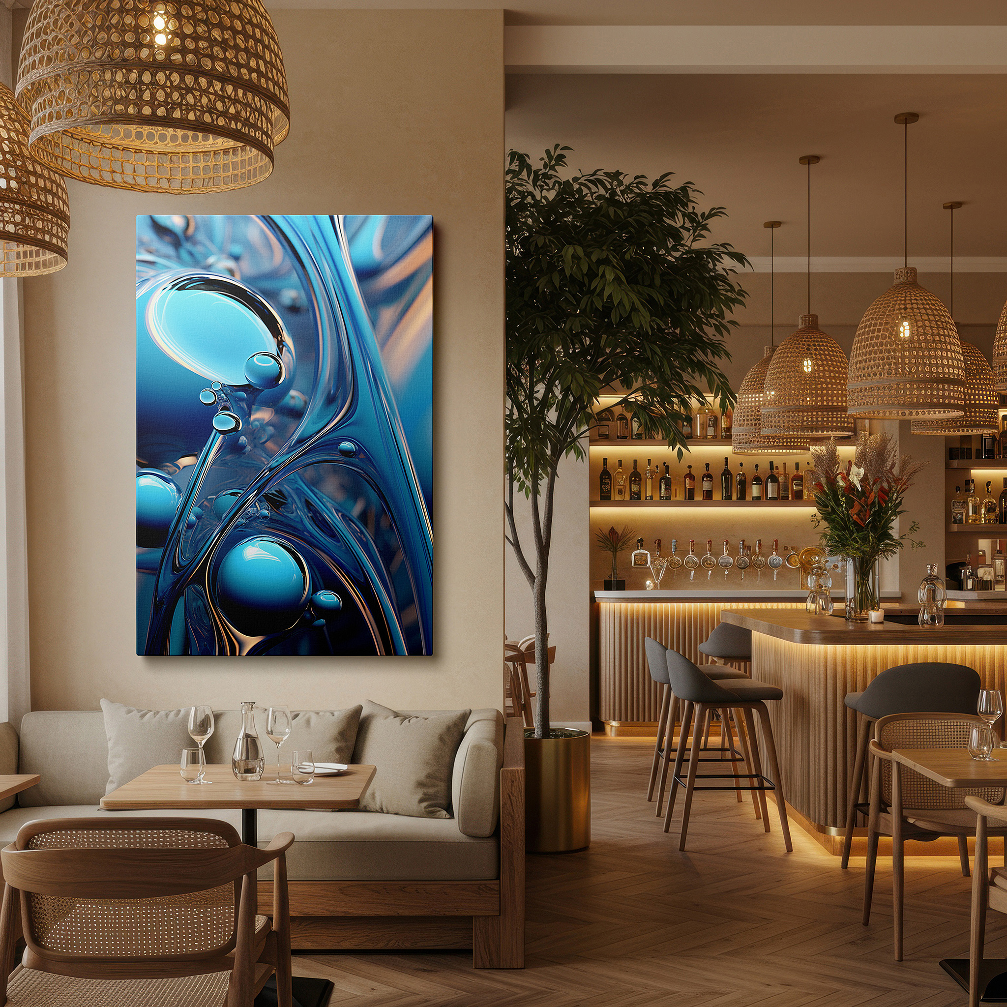 At 60×40 cm, this format fits effortlessly over dressers or benches — captivating blue fluid movement, a ballet of depth and light, oversized wall art, canvas wall art, wall decor, office wall art, bedroom wall art, living room wall art