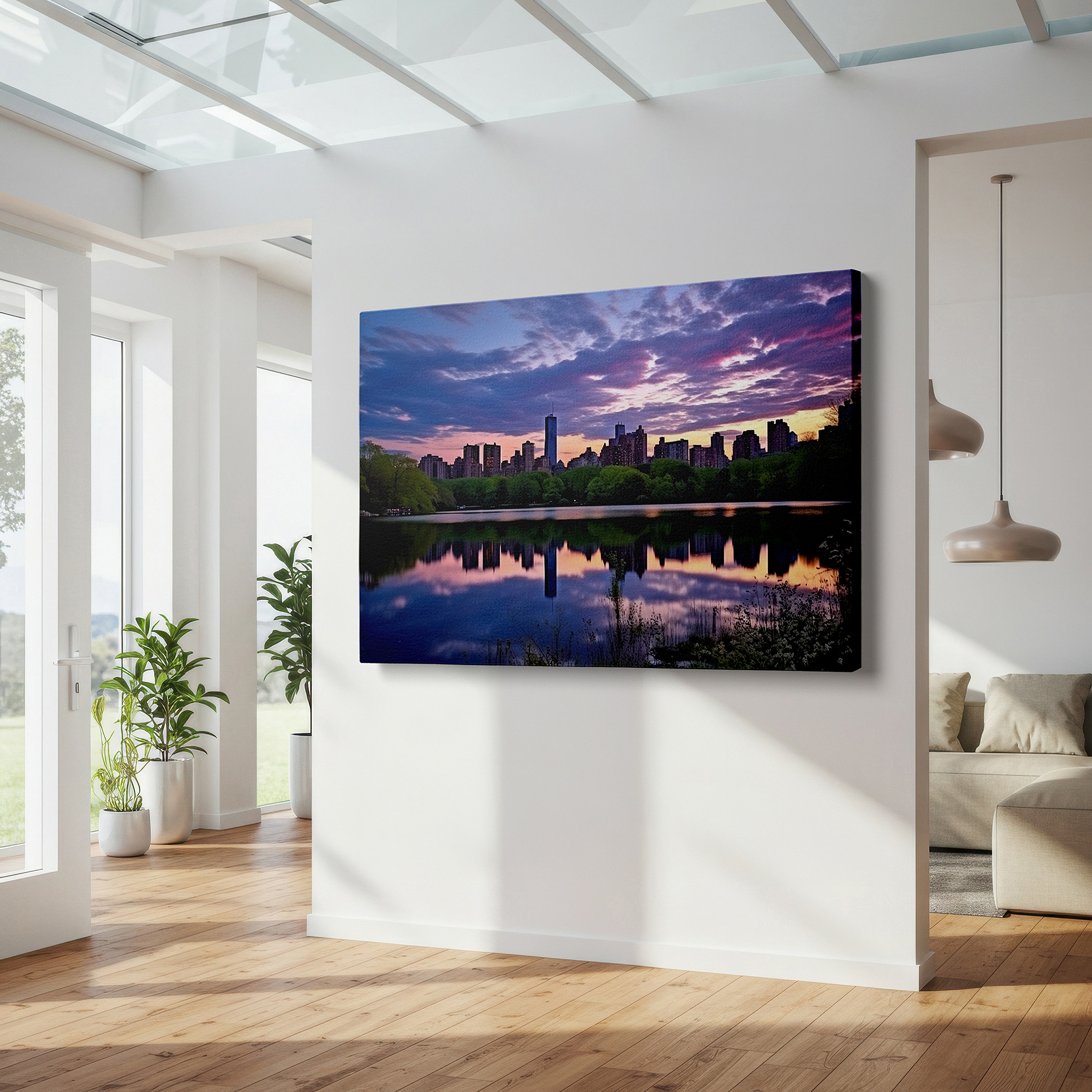 At 60×40 cm, this format fits effortlessly over dressers or benches — central park dusk - a tranquil fusion of natural and city grace large wall art, canvas wall art, wall decor, office wall art, bedroom wall art, living room art