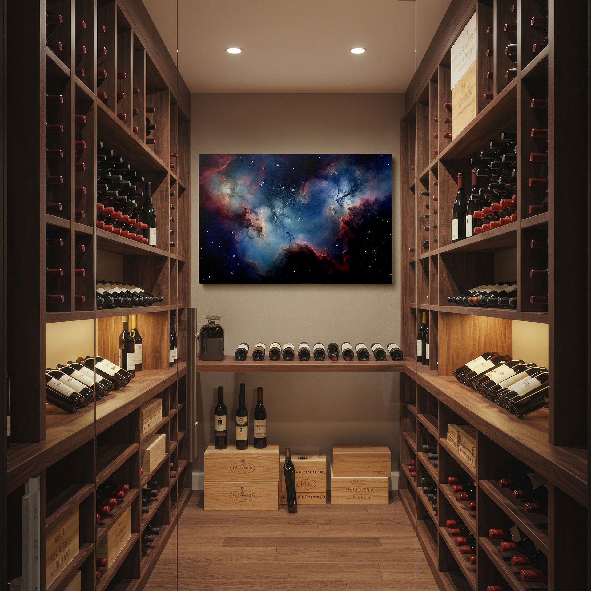 At 60×40 cm, this format fits effortlessly over dressers or benches — cosmic cloudscape wall art: explore the universe's