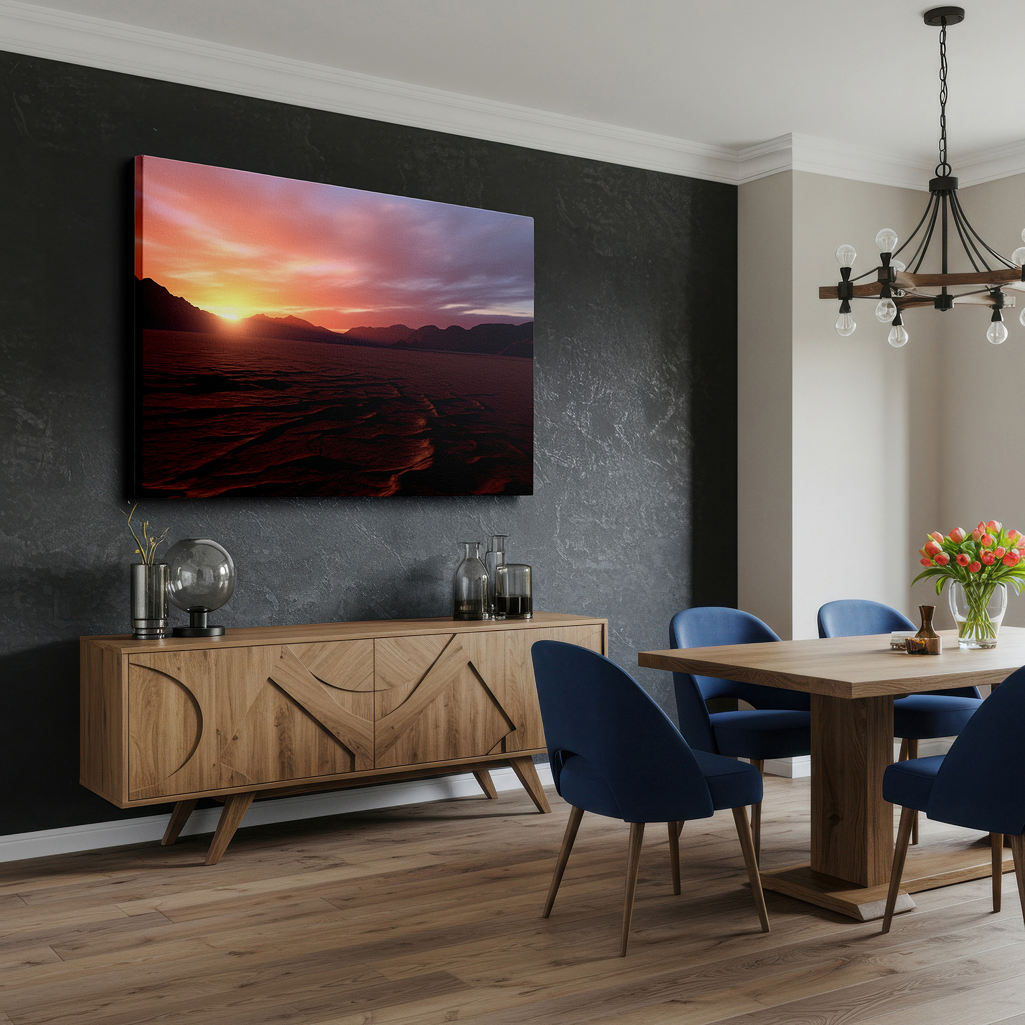 At 60×40 cm, this format fits effortlessly over dressers or benches — desert sunset - tranquil scenery bathed in nature's golden light, large canvas wall art for home and office decor
