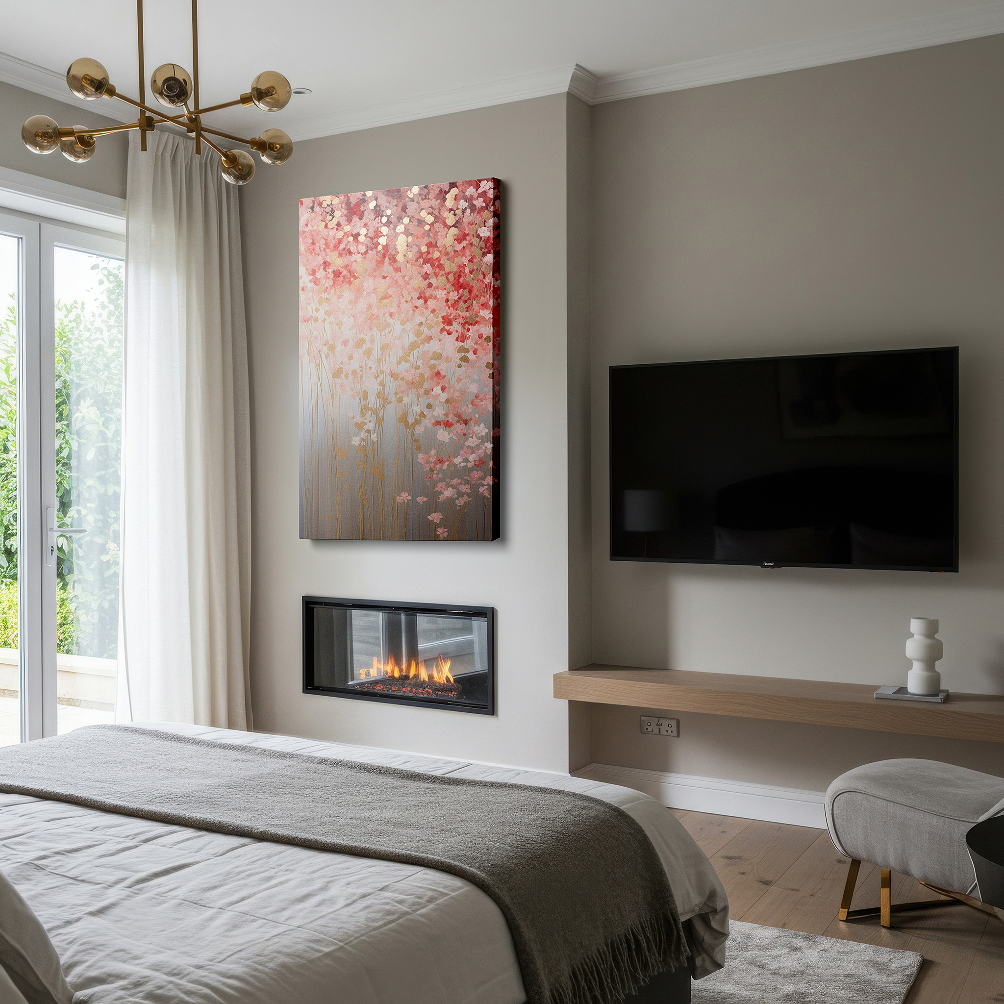 At 60×40 cm, this format fits effortlessly over dressers or benches — dreamy floral composition with ethereal beauty and tranquility, featuring golden accents - large canvas wall art for office decor
