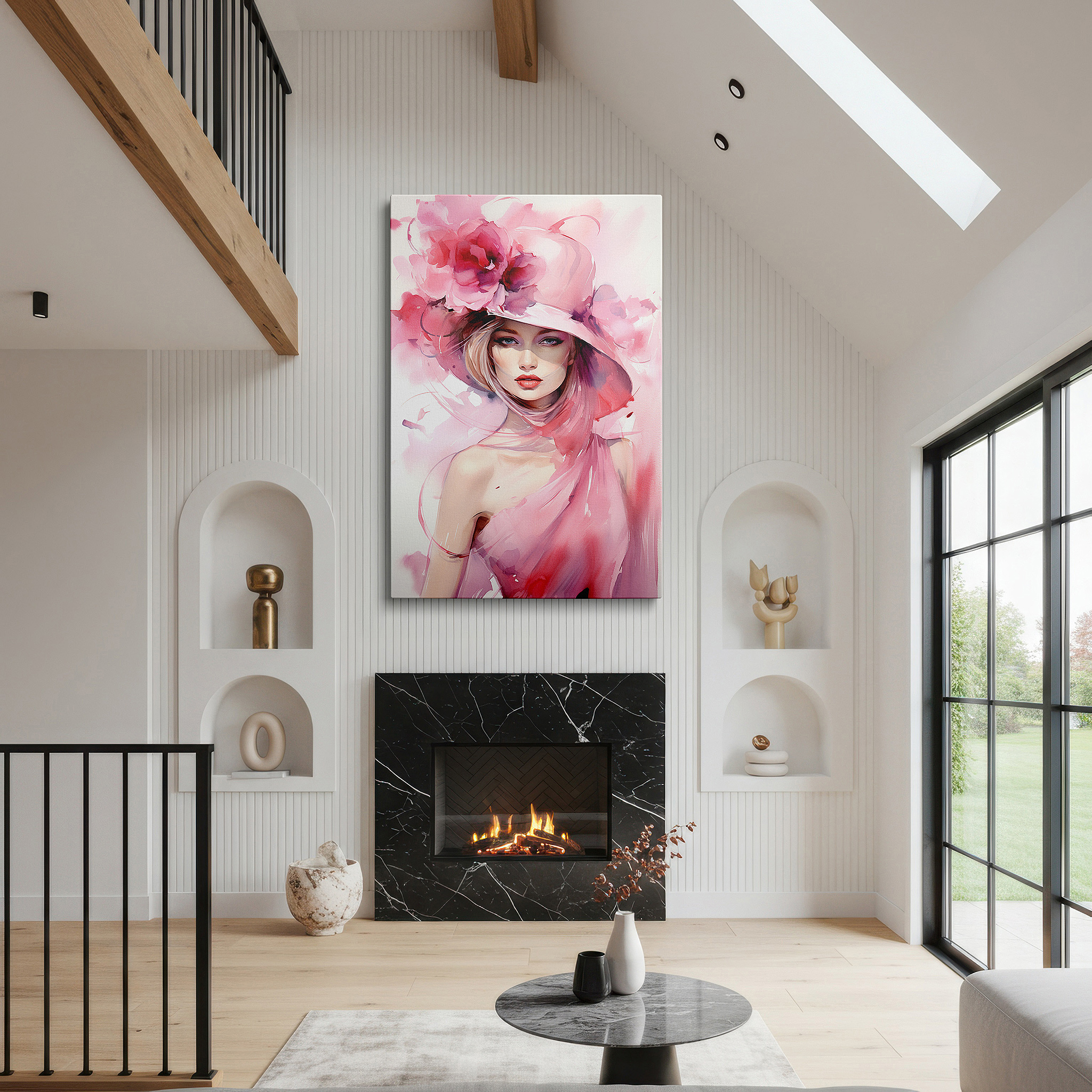 At 60×40 cm, this format fits effortlessly over dressers or benches — enchanting large canvas wall art featuring a woman in a pink floral hat, perfect for office, bedroom, or living room decor