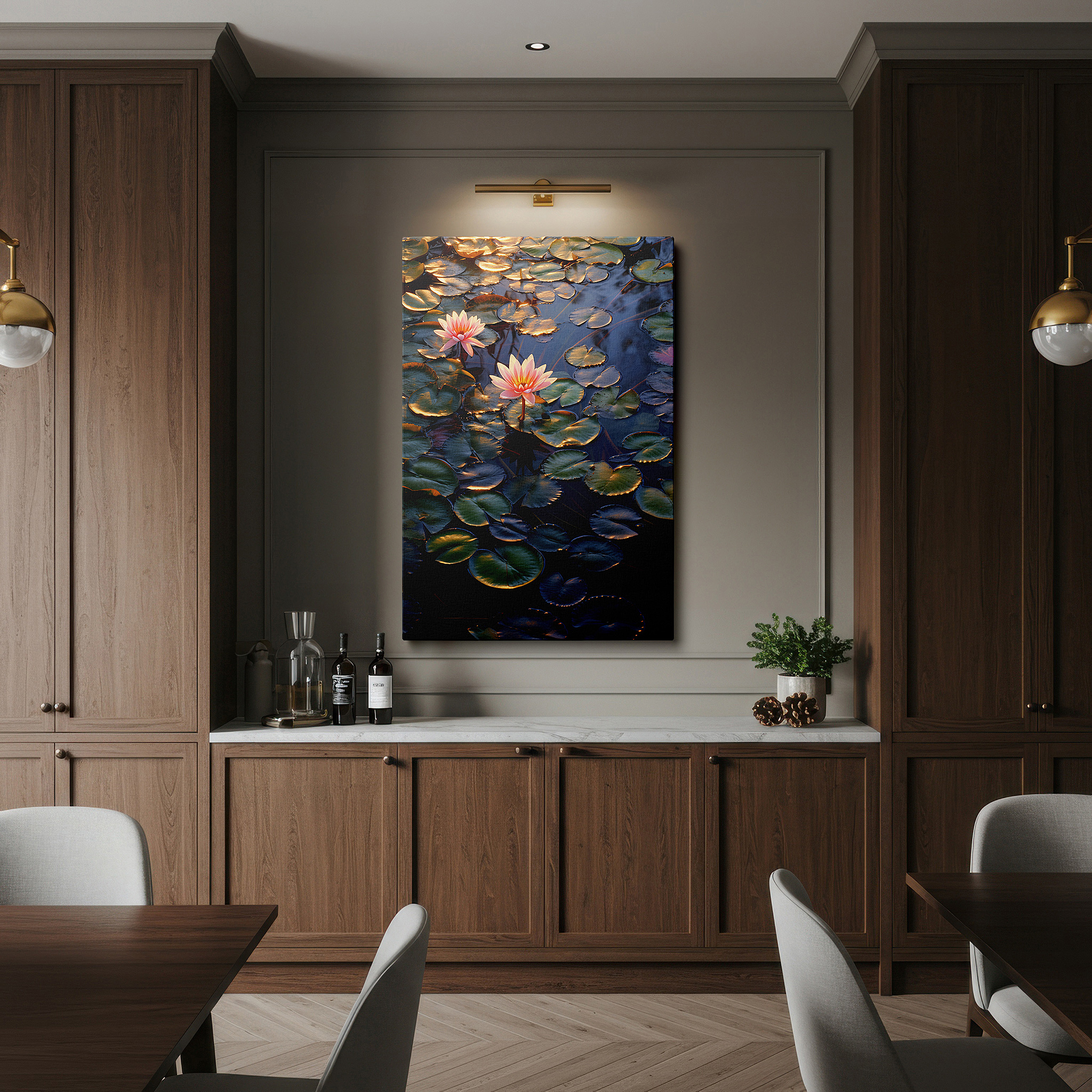At 60×40 cm, this format fits effortlessly over dressers or benches — ethereal pink water lilies canvas print: tranquil and elegantly natural large wall art for home and office decor