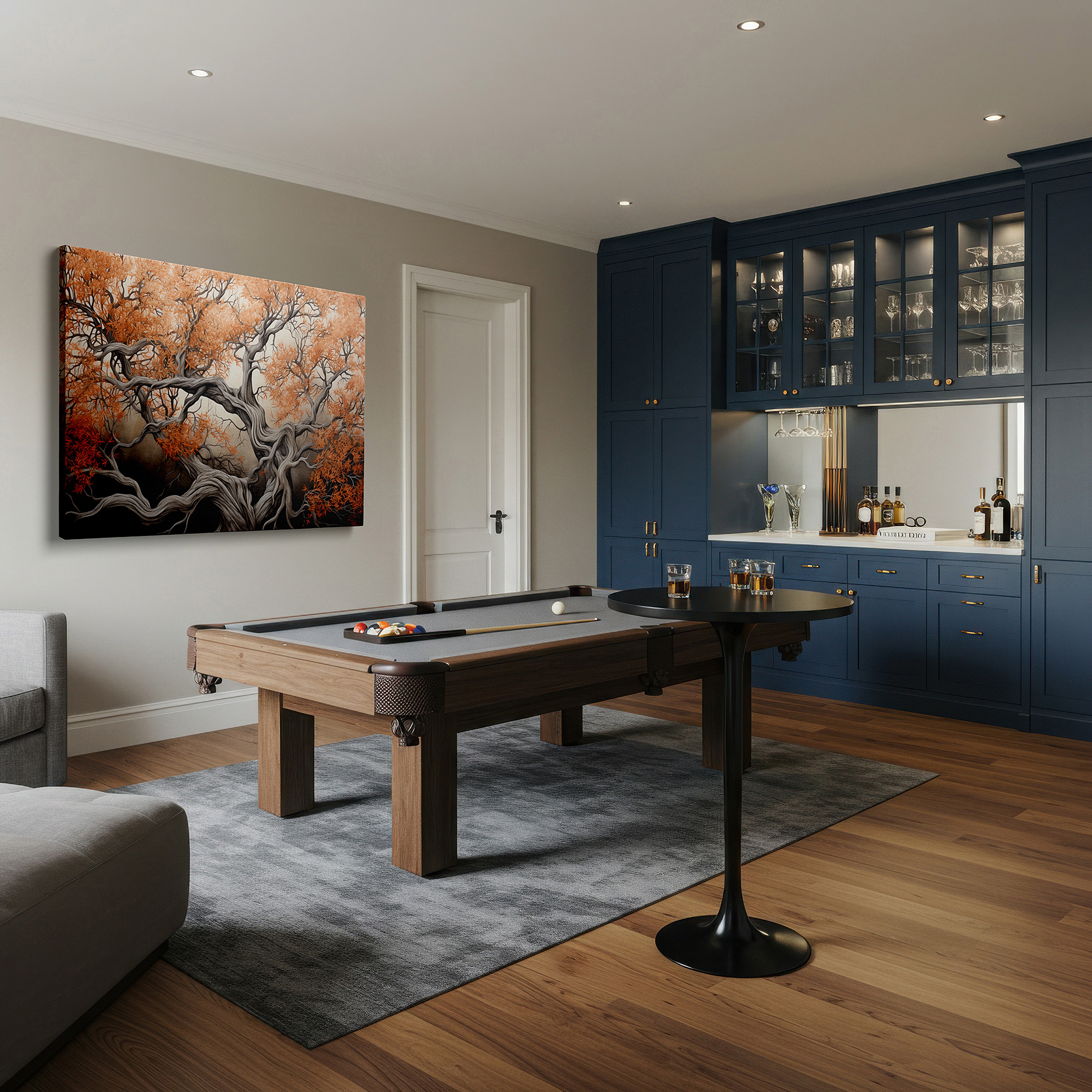 At 60×40 cm, this format fits effortlessly over dressers or benches — fiery orange autumn tree with gnarled branches large canvas wall art, dramatic dark backdrop wall decor