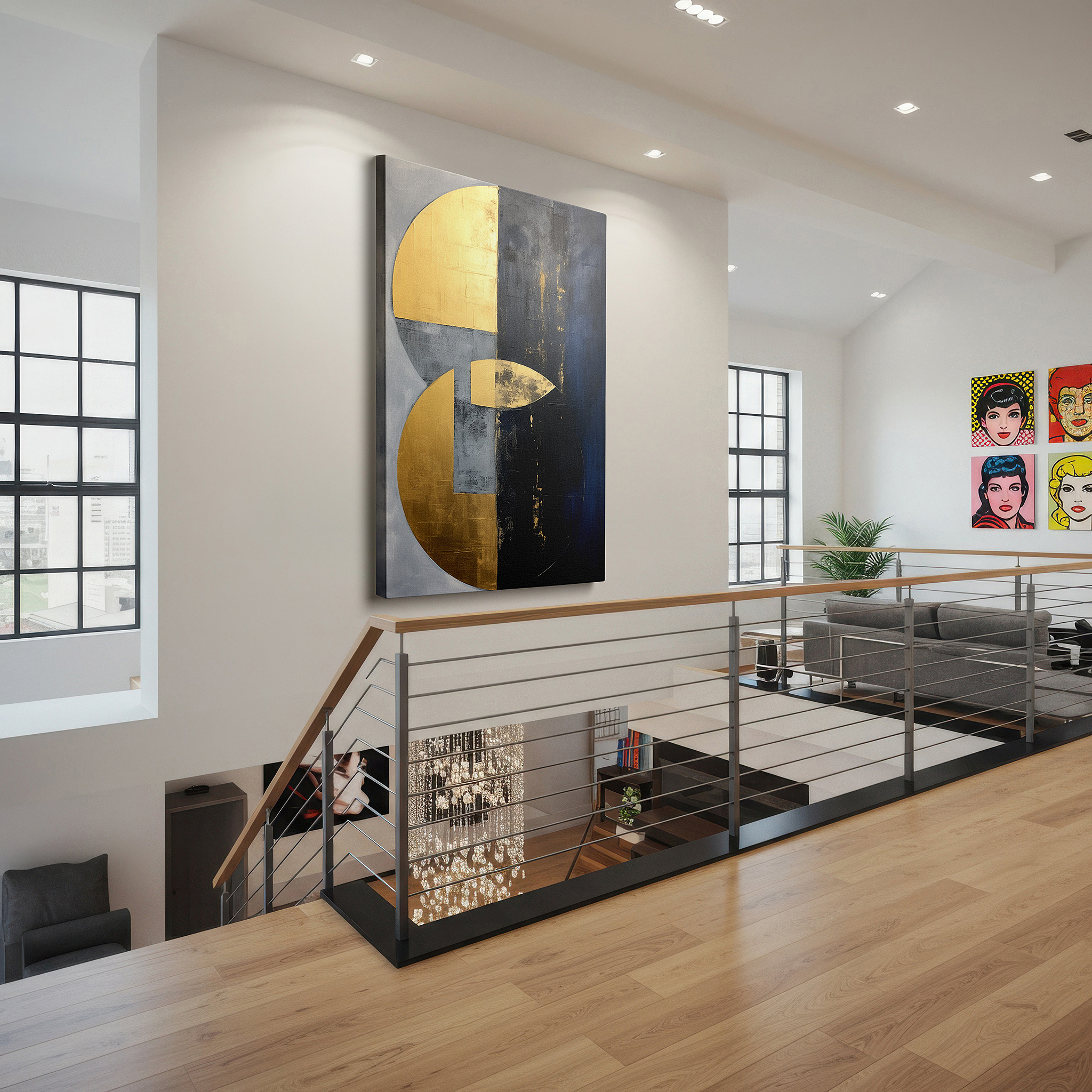 At 60×40 cm, this format fits effortlessly over dressers or benches — gold, gray, and black geometric elegance with bold circular motifs: large wall art for office and bedroom decor
