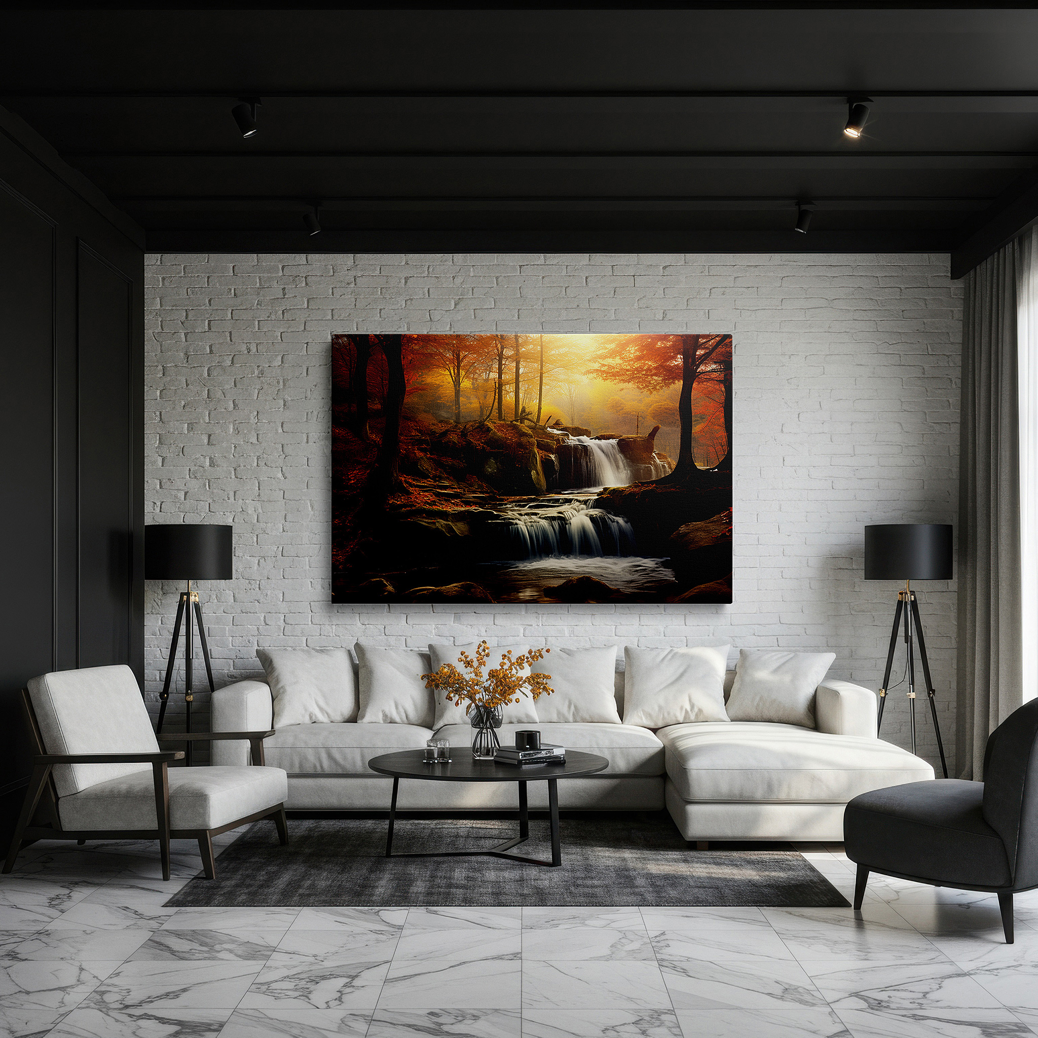 At 60×40 cm, this format fits effortlessly over dressers or benches — golden foliage and majestic waterfall canvas wall art, bathed in sunlight and tranquility, ideal for office and bedroom decor