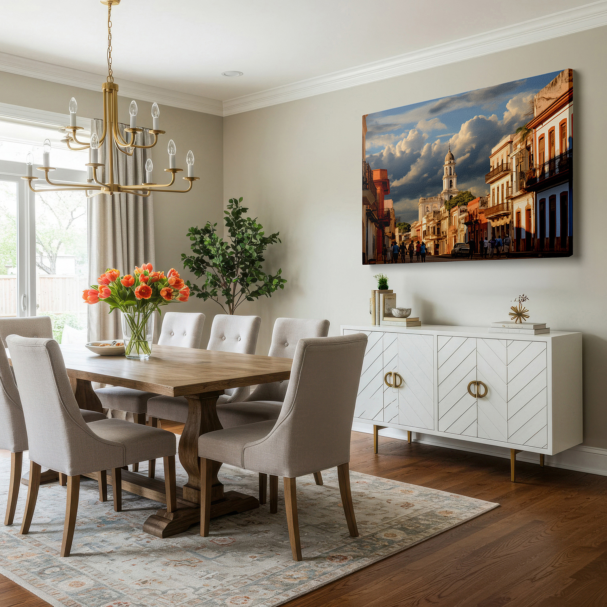 At 60×40 cm, this format fits effortlessly over dressers or benches — golden hour in a historic cuban town: vibrant street scene and architectural majesty - large canvas wall art for office decor
