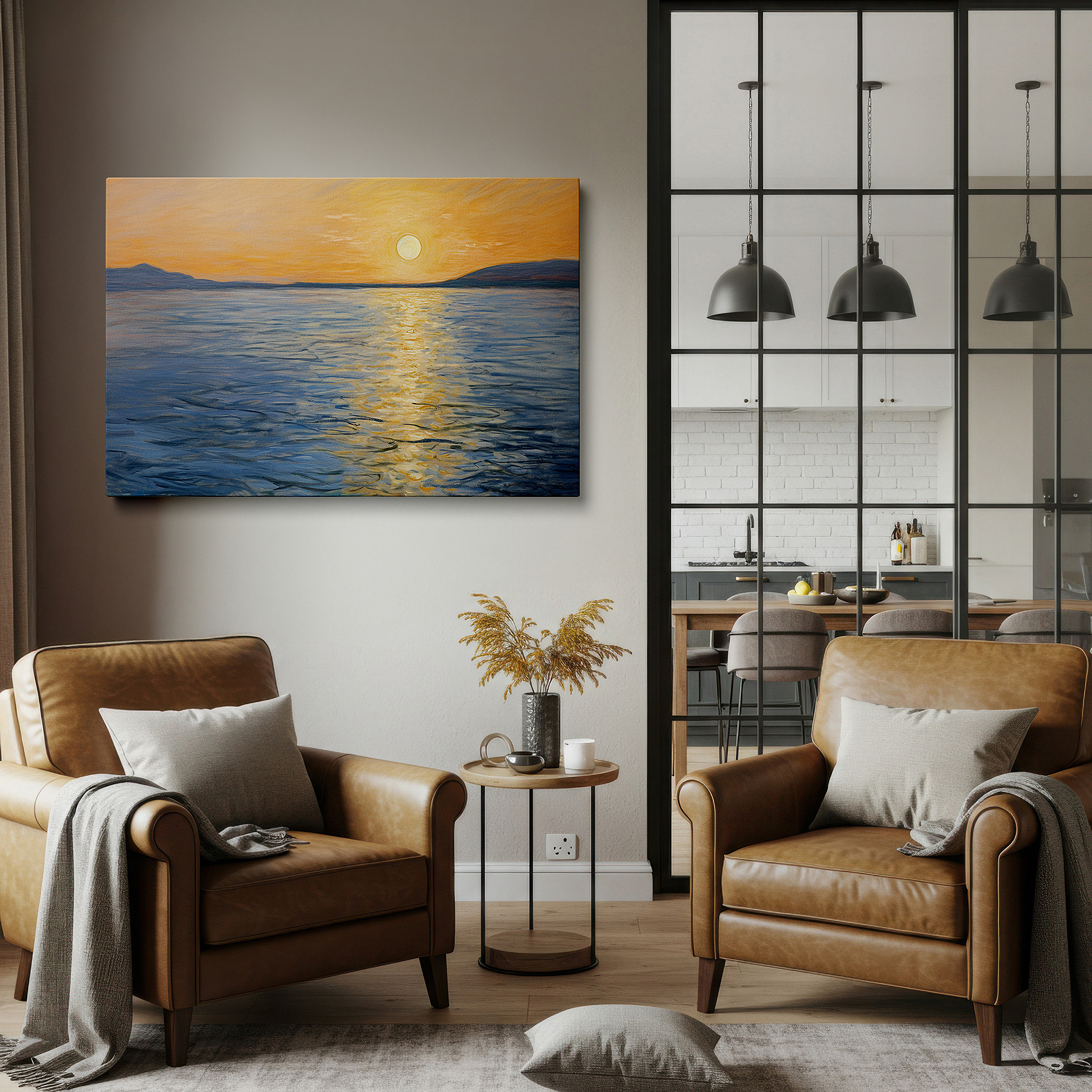 At 60×40 cm, this format fits effortlessly over dressers or benches — golden sunset over tranquil sea - experience serenity with nature's splendor large wall art, canvas wall art, wall decor for office and bedroom