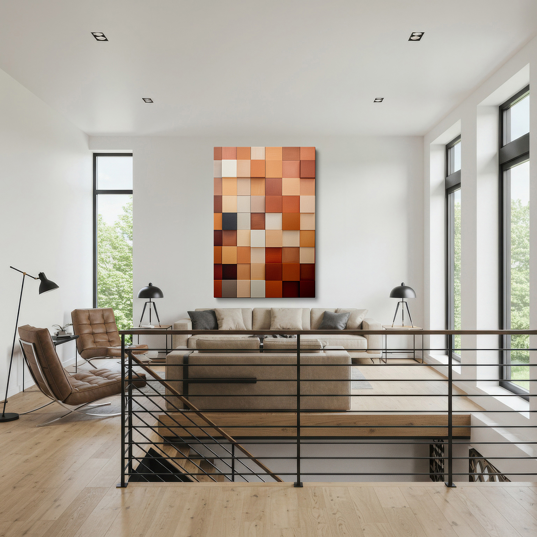 At 60×40 cm, this format fits effortlessly over dressers or benches — a harmony of cozy hues in paint swatches, inspiring relaxation and innovation: large wall art, canvas wall art, wall decor, office wall art, bedroom wall art