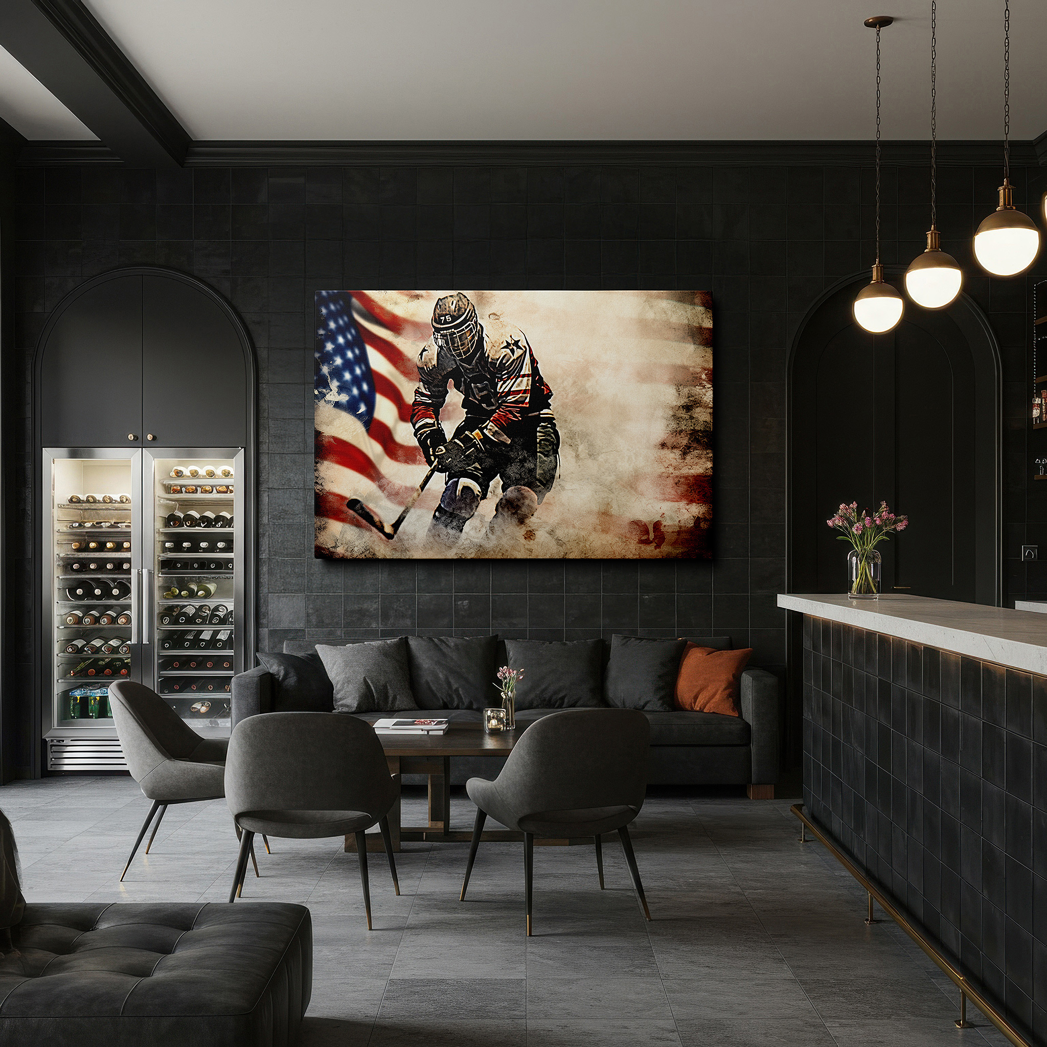 At 60×40 cm, this format fits effortlessly over dressers or benches — "hockey heroism in home design: a player's vigorous chase among stars and stripes" - large wall art, canvas wall art, wall decor for office