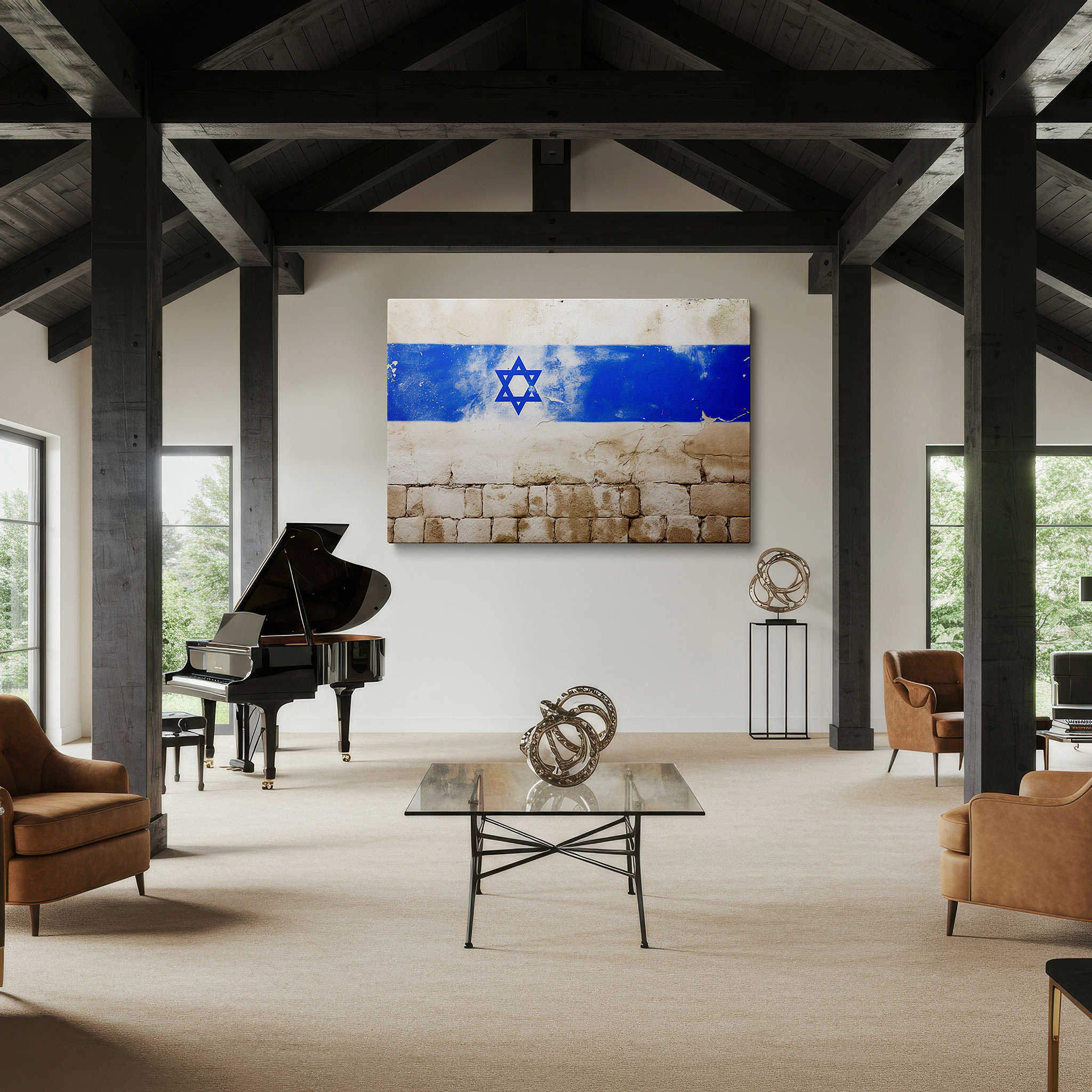 At 60×40 cm, this format fits effortlessly over dressers or benches — israel's flag displayed on aged wall representing national strength and pride: large wall art, canvas, decor for office and bedroom