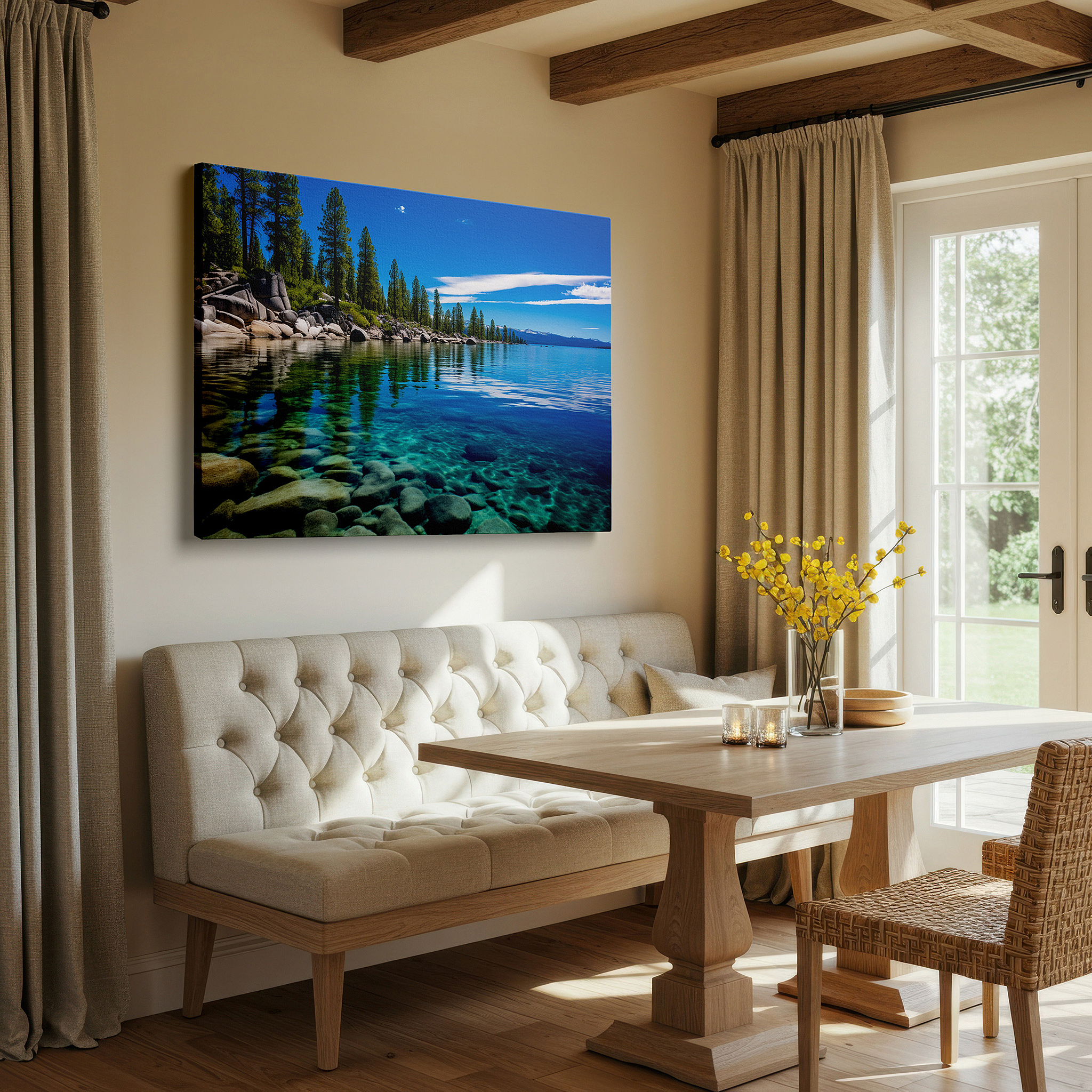 At 60×40 cm, this format fits effortlessly over dressers or benches — lake tahoe's tranquil waters, verdant foliage, and rugged coastlines - a gateway to serene beauty large wall art, canvas wall art, wall decor