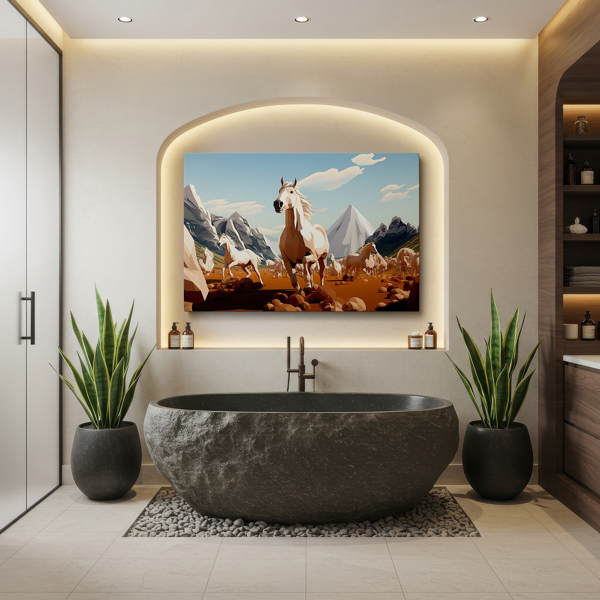 At 60×40 cm, this format fits effortlessly over dressers or benches — low-poly style herd of horses in motion with snow-capped mountains background, large canvas wall art for office and bedroom decor