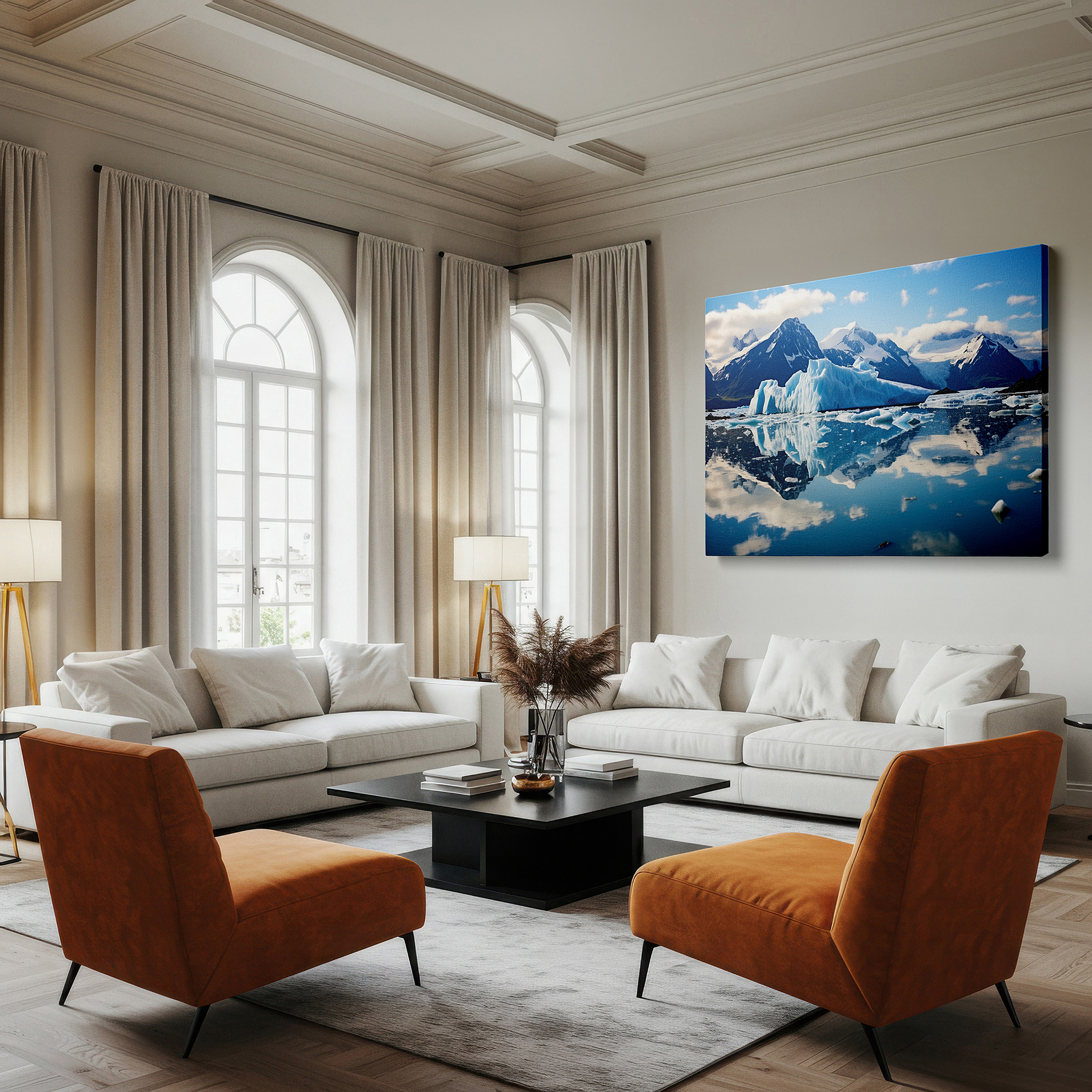 At 60×40 cm, this format fits effortlessly over dressers or benches — majestic iceberg and mountain reflections large canvas wall art for office, bedroom, and living room decor