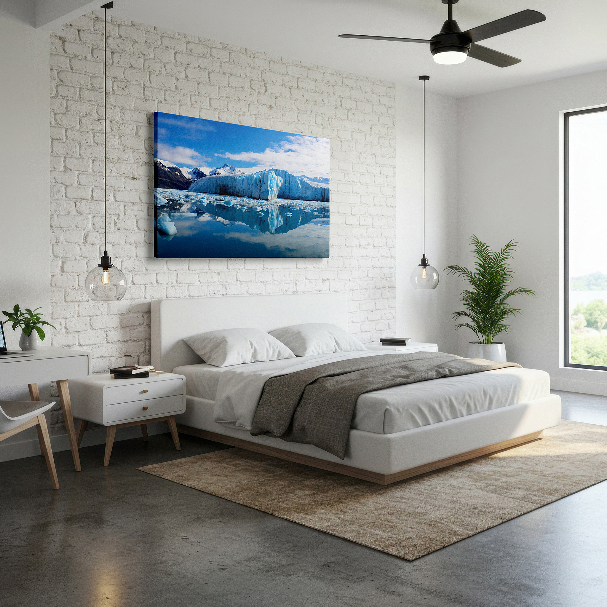 At 60×40 cm, this format fits effortlessly over dressers or benches — majestic iceberg in peaceful glacial waters: a tranquil symphony of blues and whites - large canvas wall art for office decor