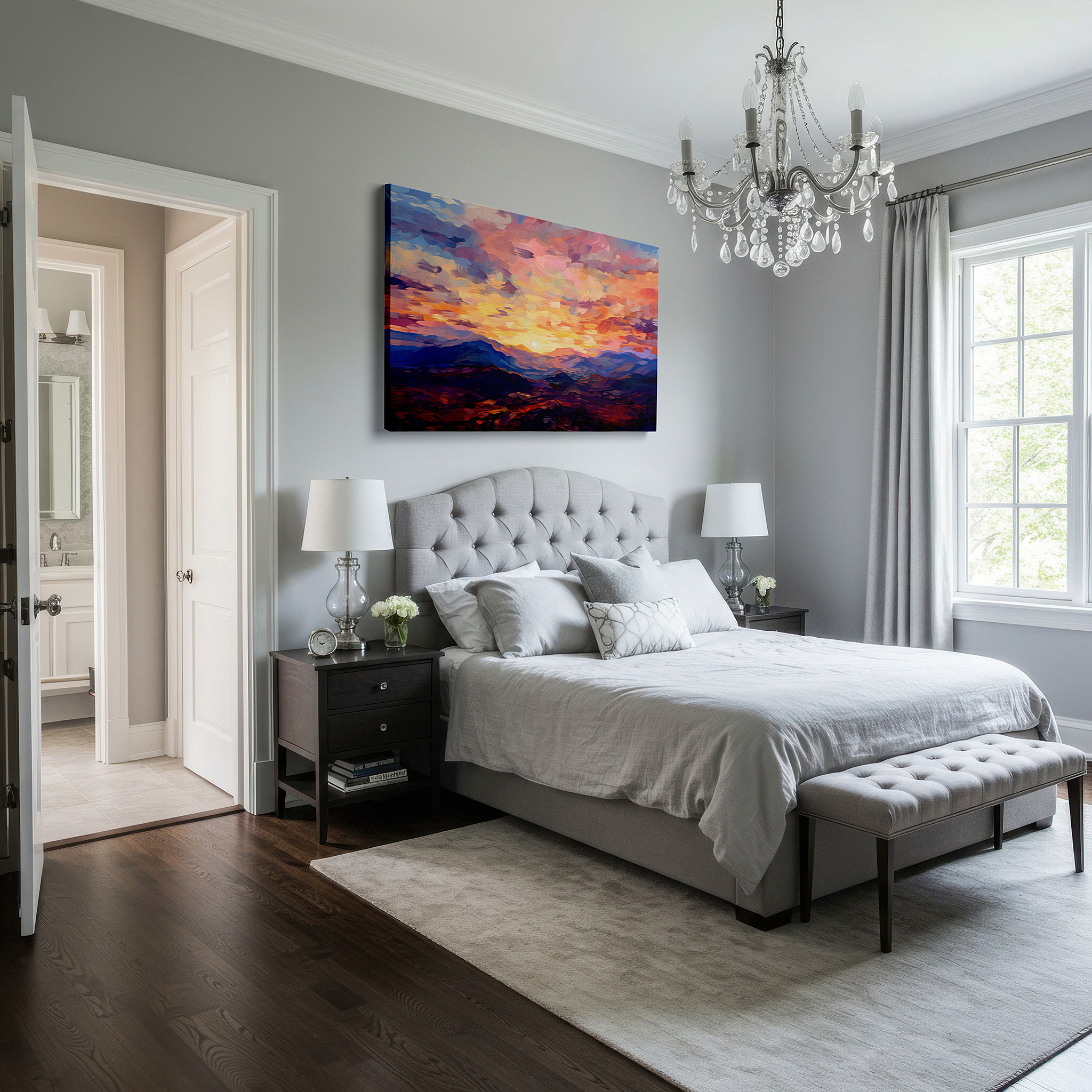At 60×40 cm, this format fits effortlessly over dressers or benches — majestic mountain sunset: a serene blend of warm oranges and cool blues, large canvas wall art for home and office decor
