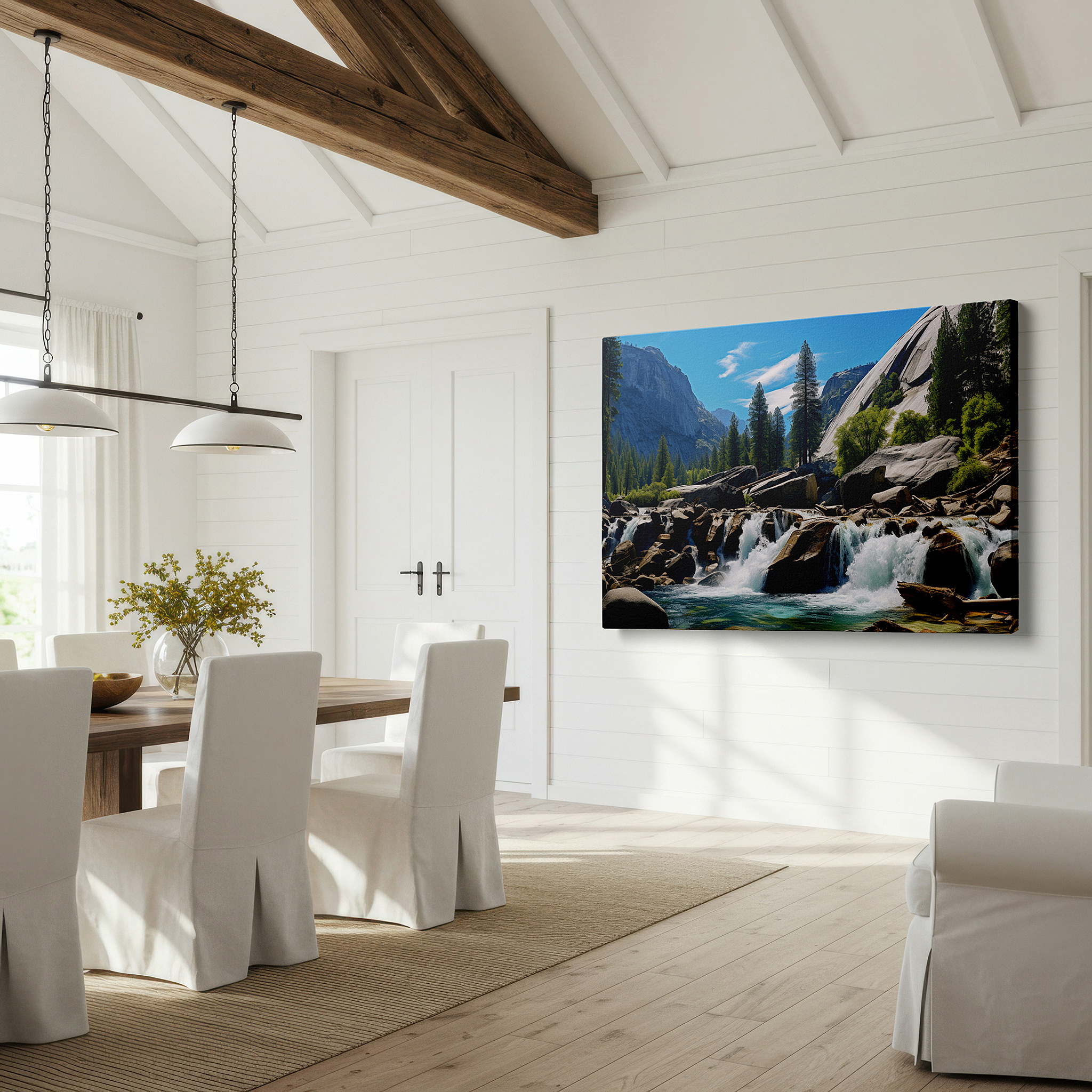 At 60×40 cm, this format fits effortlessly over dressers or benches — majestic waterfall surrounded by lush green peaks under a bright blue sky large wall art, canvas wall art, wall decor for office and bedroom