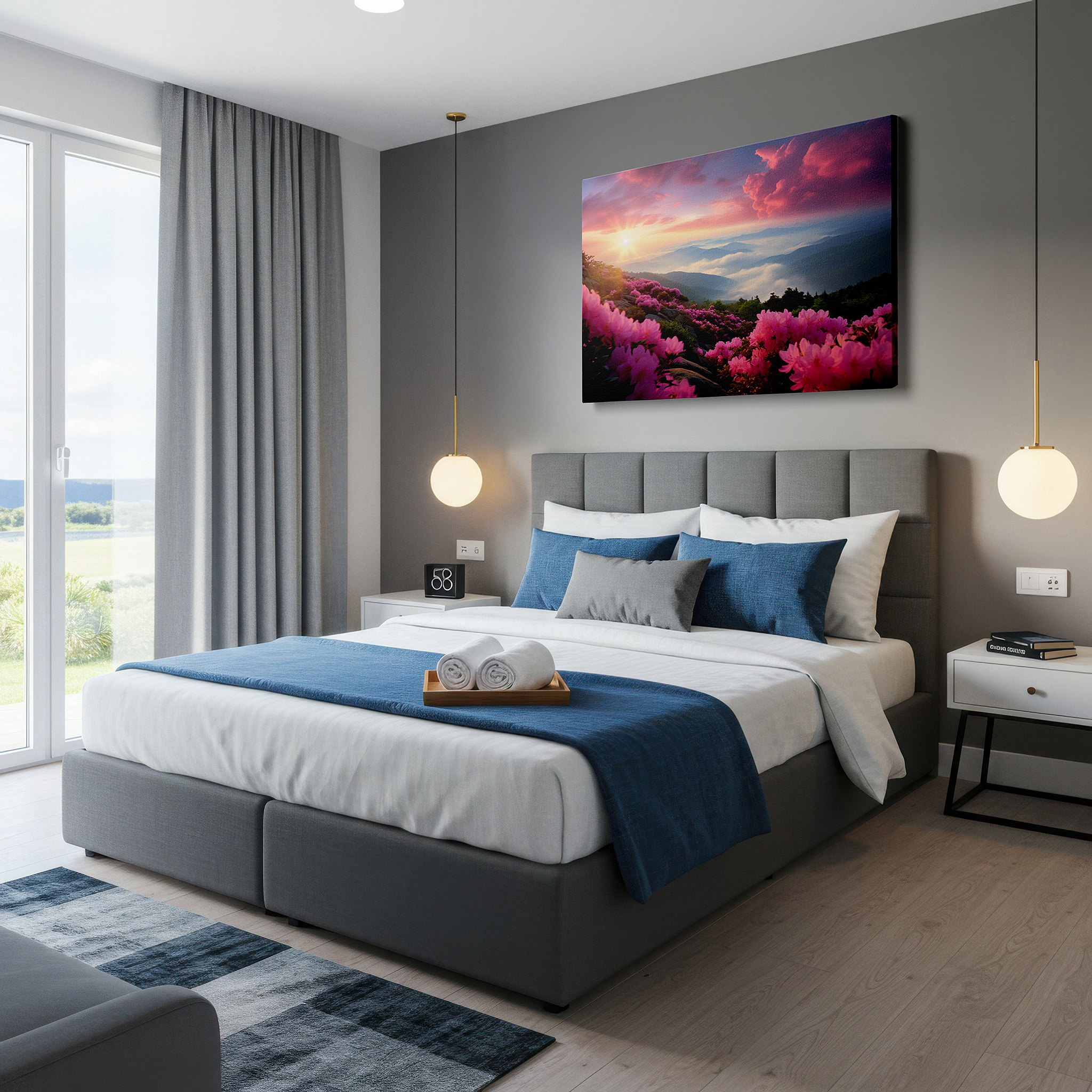 At 60×40 cm, this format fits effortlessly over dressers or benches — misty mountain sunrise with blooming azaleas and ethereal skies large wall art, canvas wall art, wall decor for office and bedroom