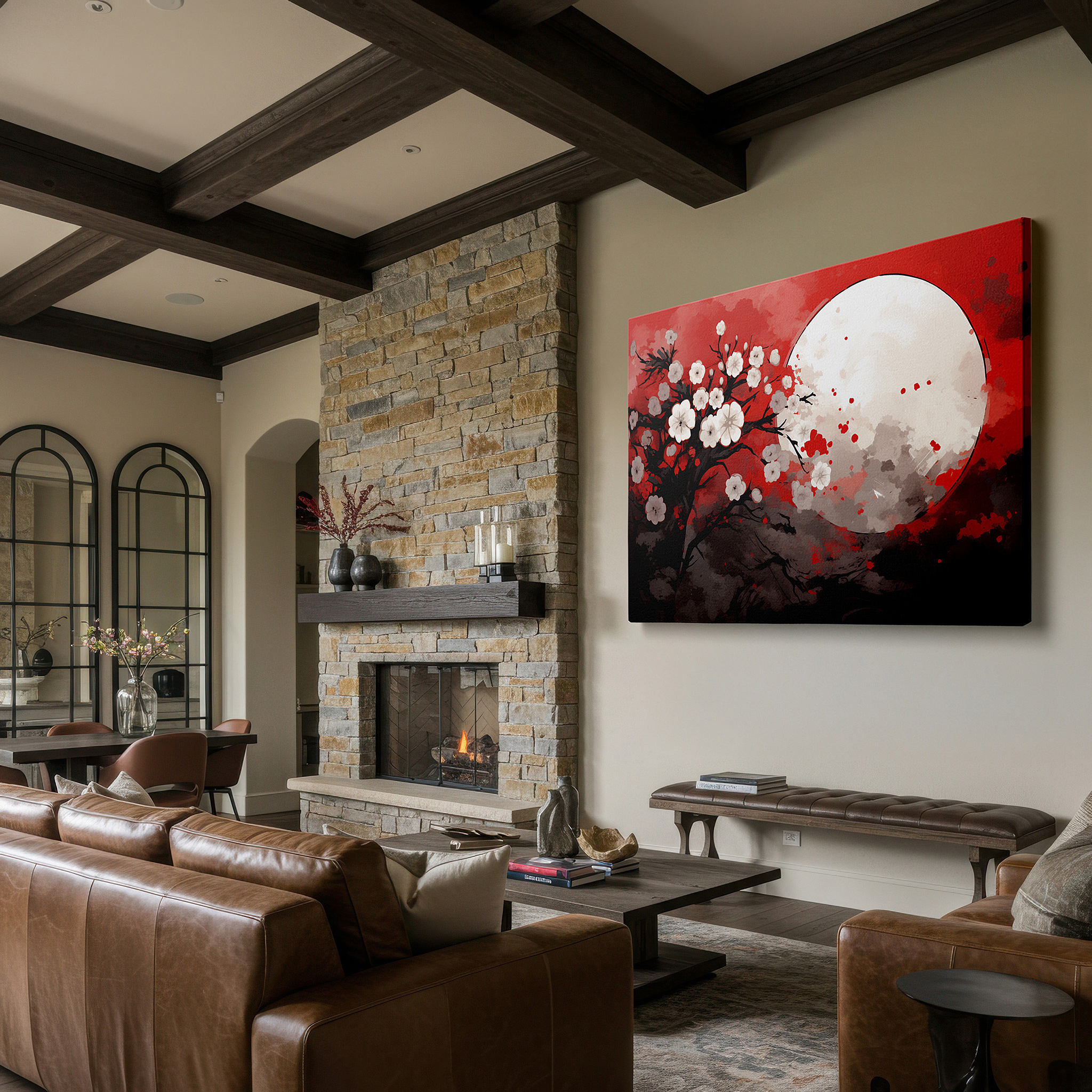 At 60×40 cm, this format fits effortlessly over dressers or benches — moonlit cherry blossoms on a striking red background large canvas wall art, office decor