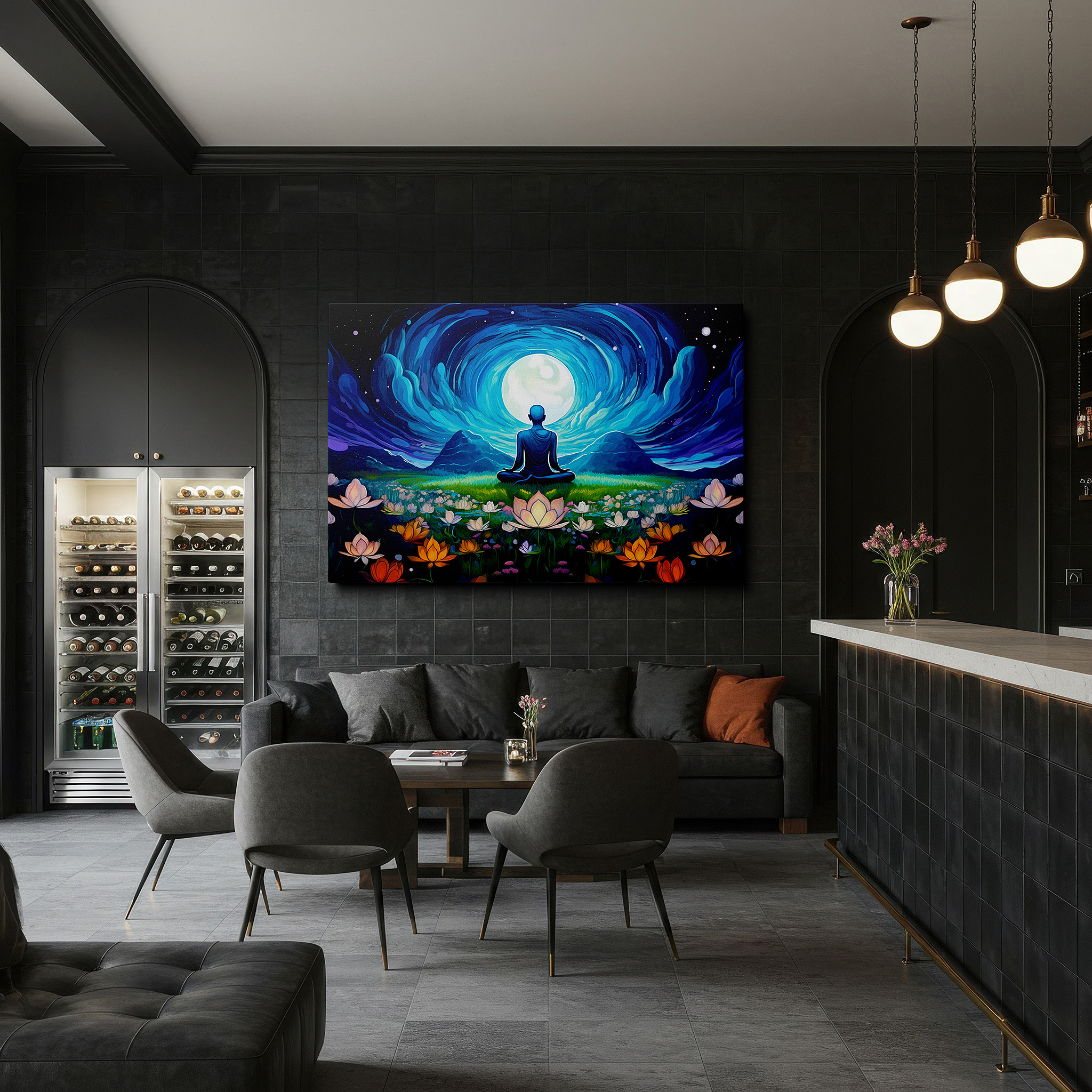 At 60×40 cm, this format fits effortlessly over dressers or benches — moonlit meditation - serene ethereal glow with vibrant florals large wall art, canvas wall art, wall decor for office and bedroom