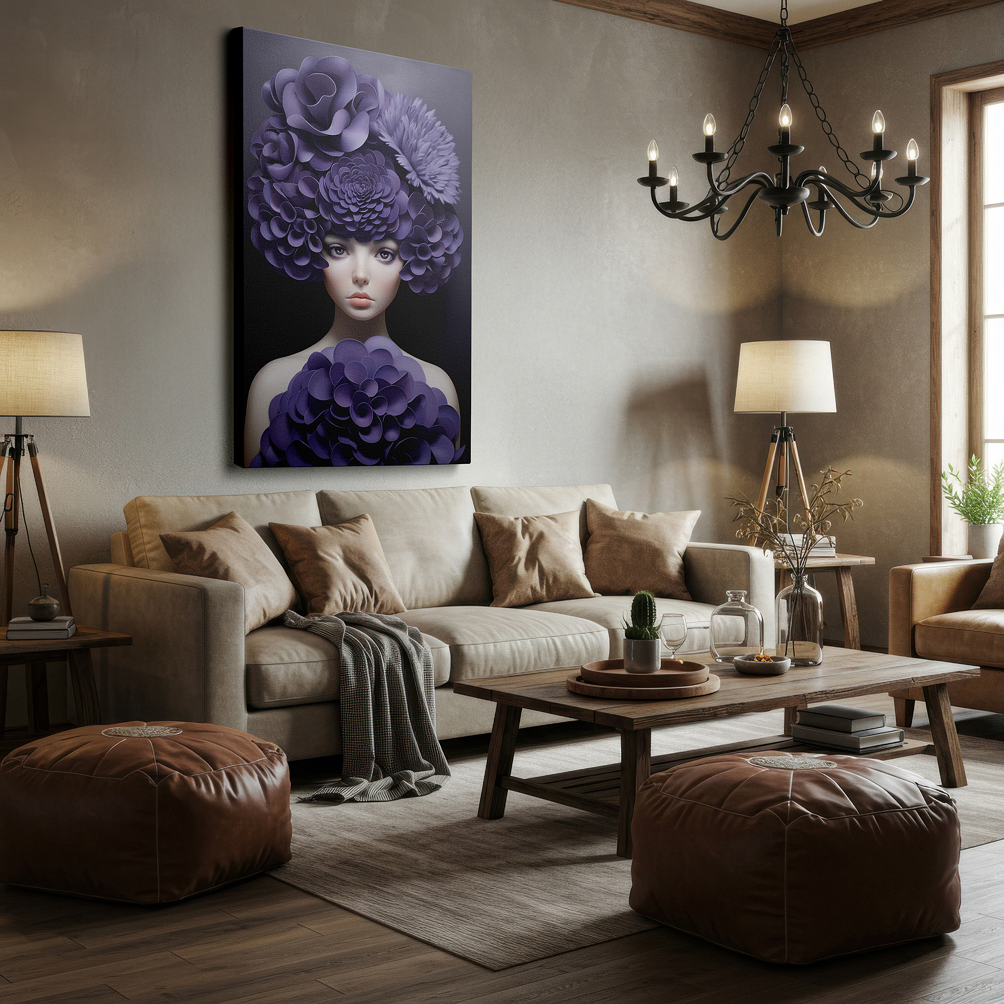 At 60×40 cm, this format fits effortlessly over dressers or benches — mysterious woman with purple flower crown - blending natural beauty and human enigma large wall art, canvas wall art, wall decor, office wall art