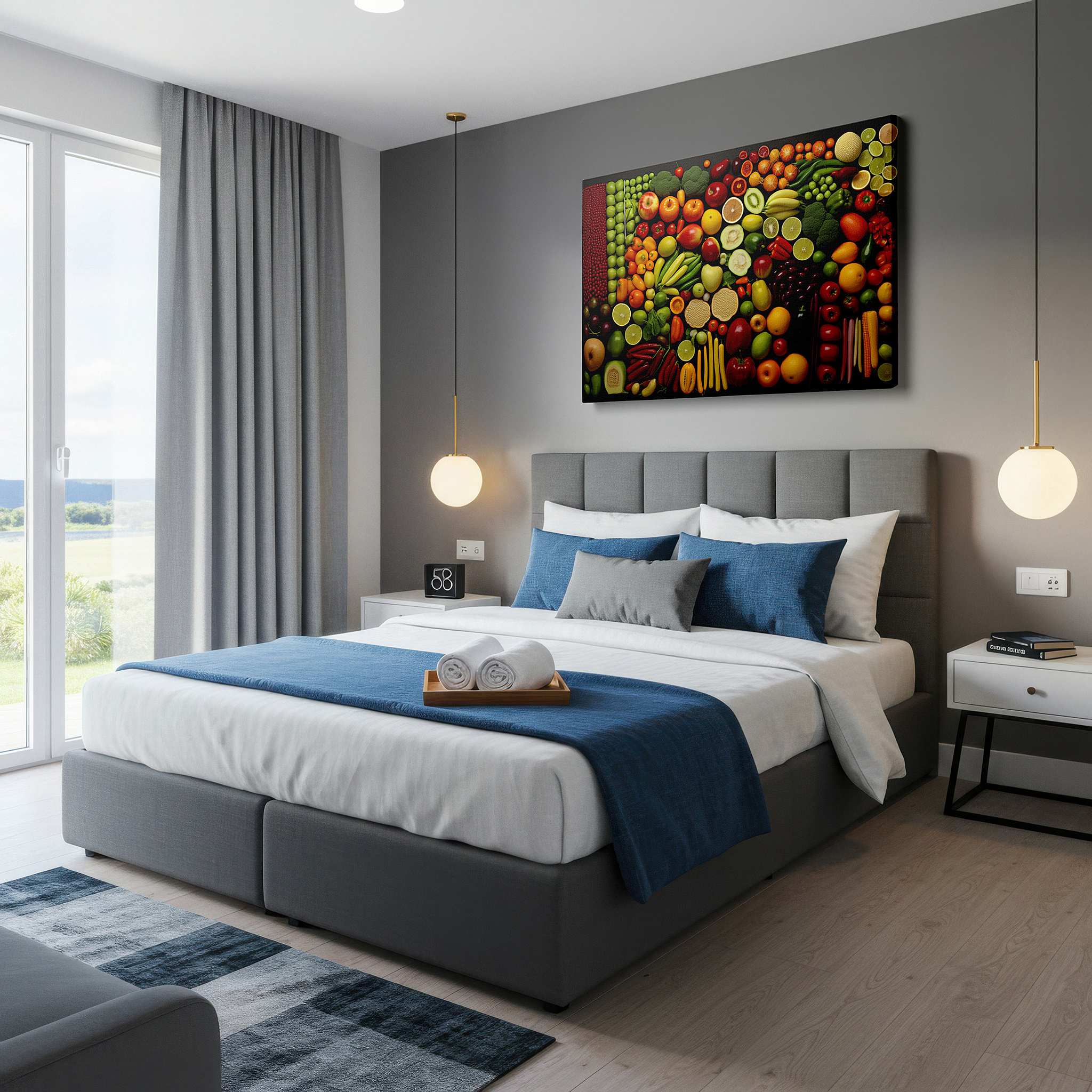 At 60×40 cm, this format fits effortlessly over dressers or benches — nature's bounty celebration: vibrant fruits and vegetables large wall art, canvas decor for office and bedroom