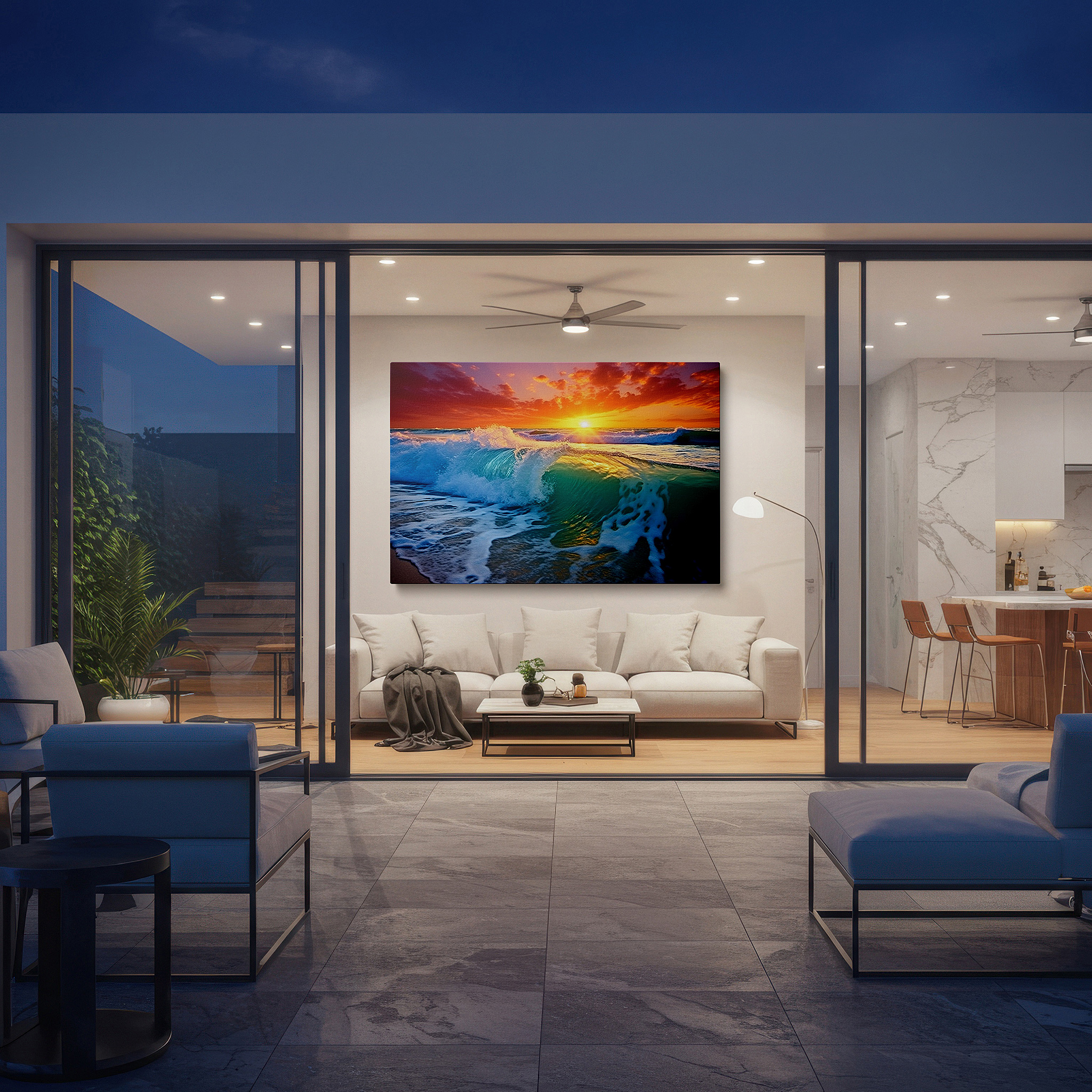 At 60×40 cm, this format fits effortlessly over dressers or benches — ocean's majesty: waves dancing in sunset light - large canvas wall art for office, bedroom, and living room decor