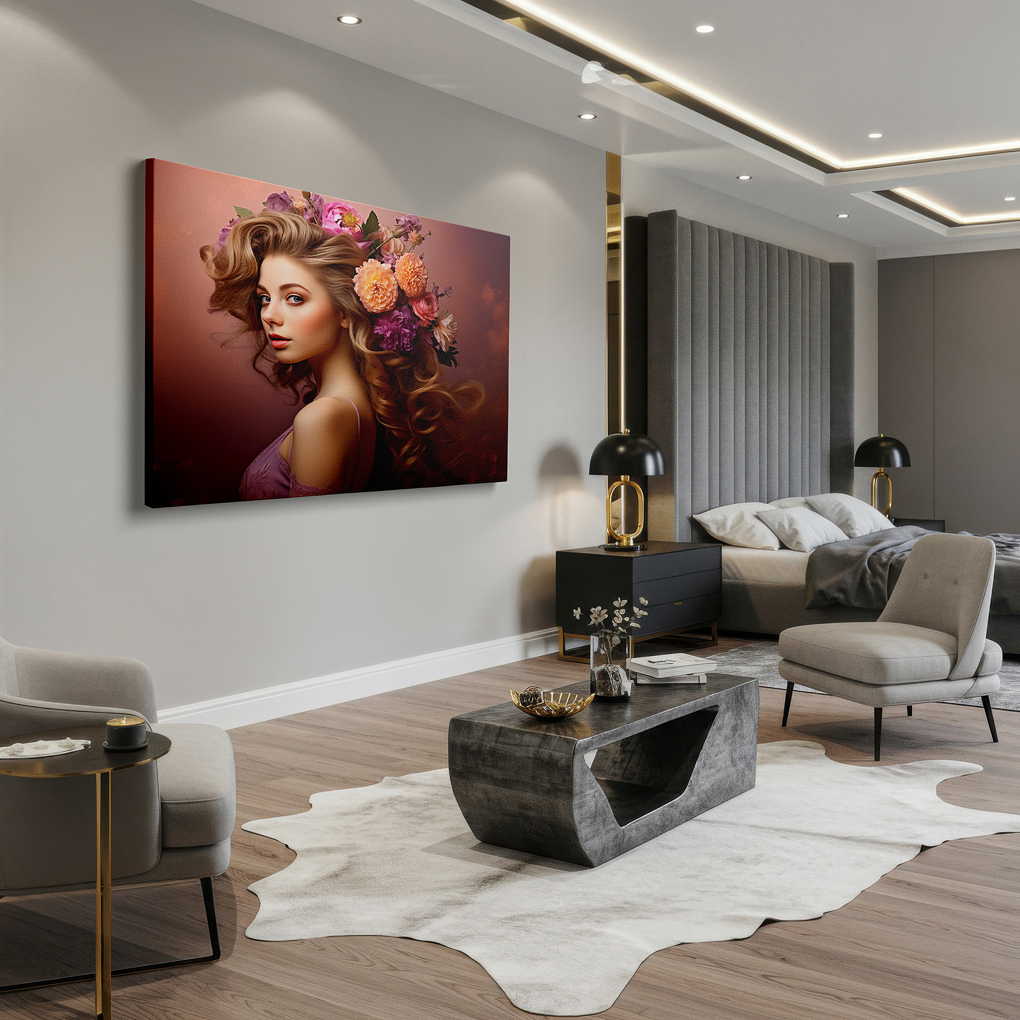 At 60×40 cm, this format fits effortlessly over dressers or benches — radiant woman with floral crown celebrating life and nature - large canvas wall art for office, bedroom, and living room decor