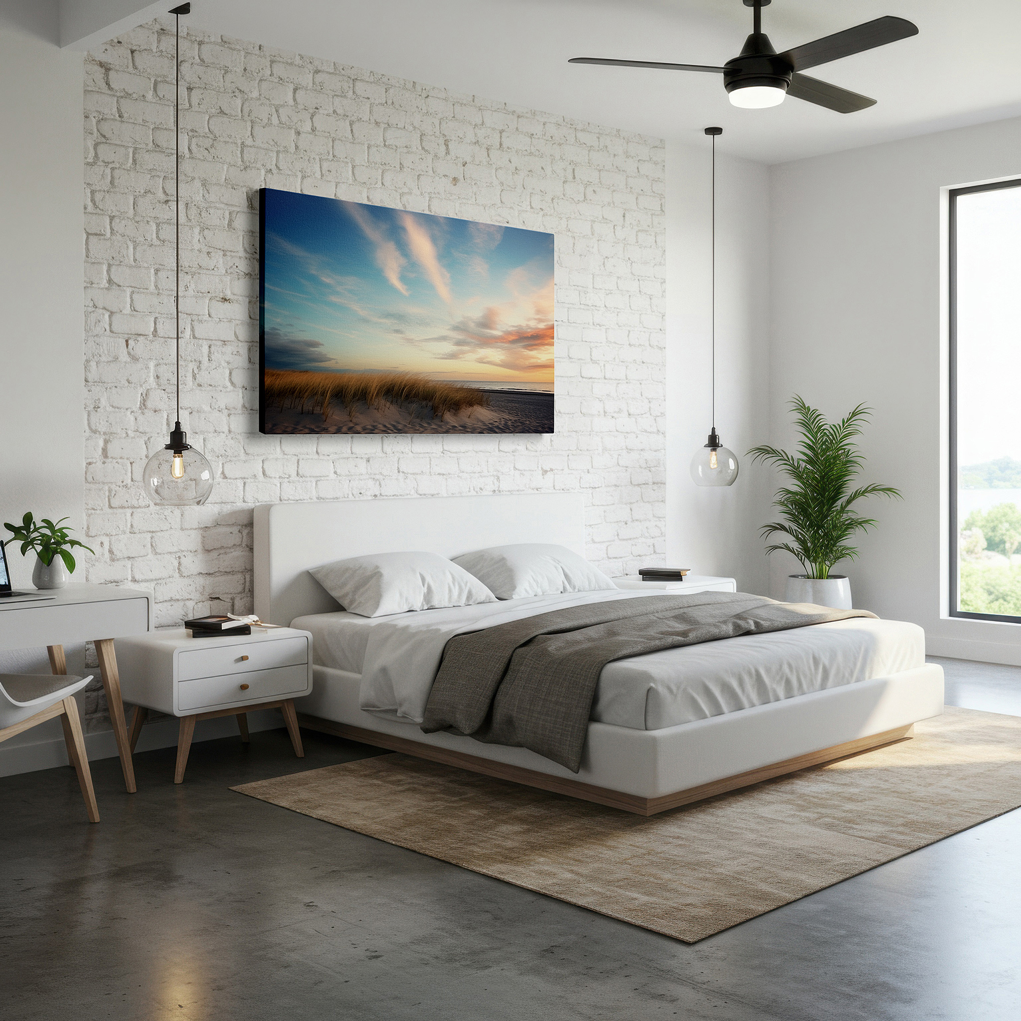 At 60×40 cm, this format fits effortlessly over dressers or benches — serene beach dawn scene with wispy clouds and tranquil sea reflections - large canvas wall art for office and bedroom decor