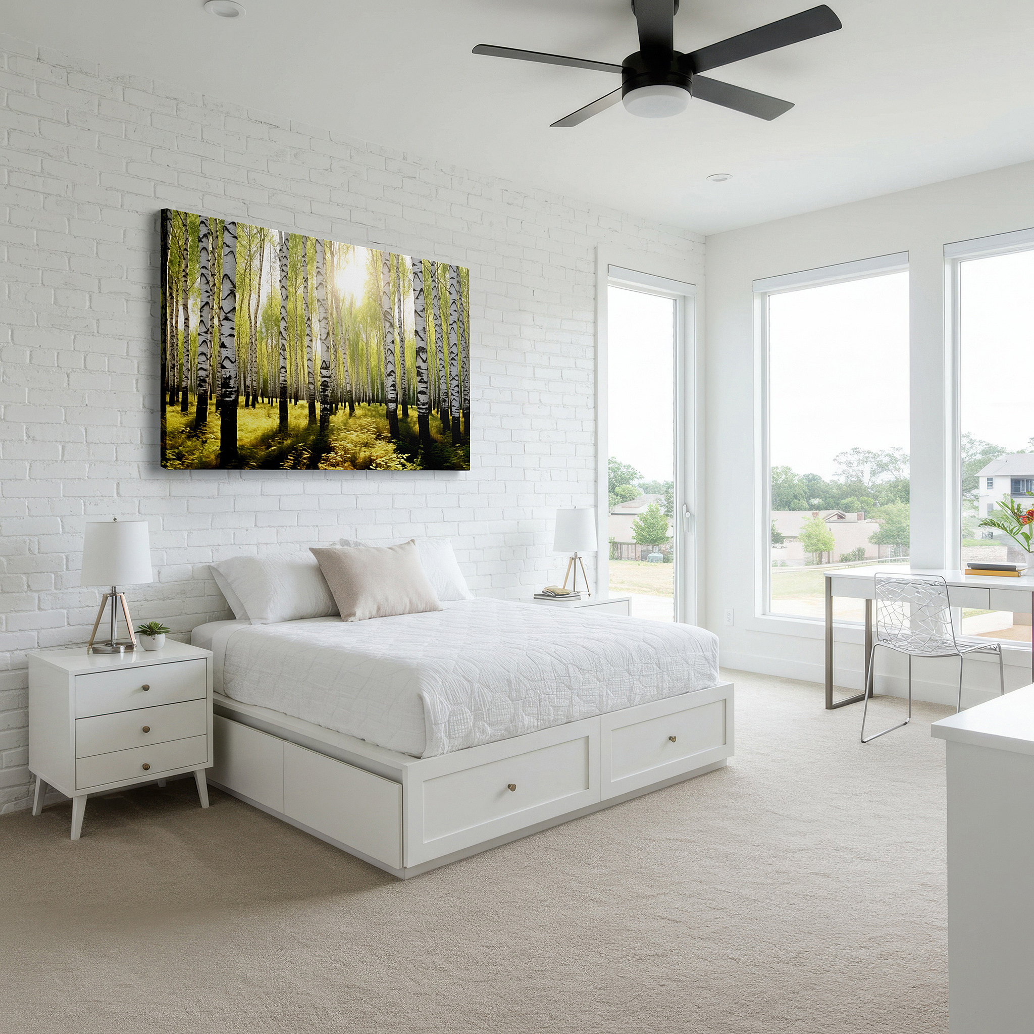 At 60×40 cm, this format fits effortlessly over dressers or benches — serene birch forest in sunlight: a play of light and shadows, large canvas wall art for home and office decor