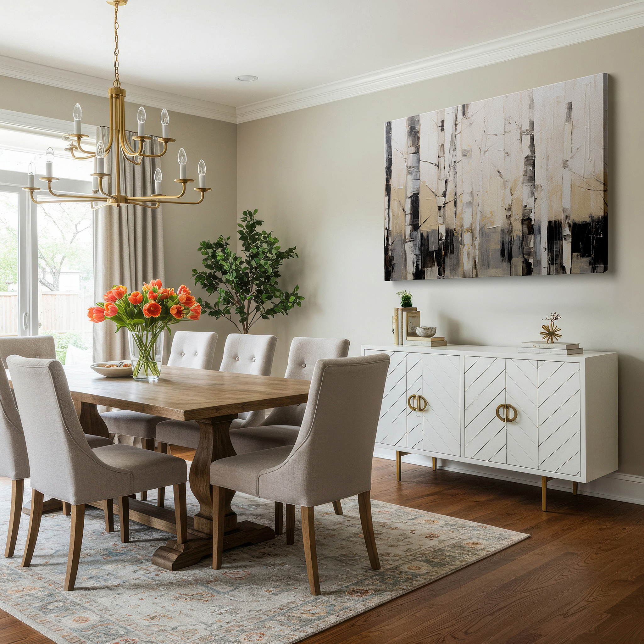 At 60×40 cm, this format fits effortlessly over dressers or benches — serene birch trees in muted beige and black: a textured abstract nature piece for large wall art, canvas wall art, wall decor for office and bedroom