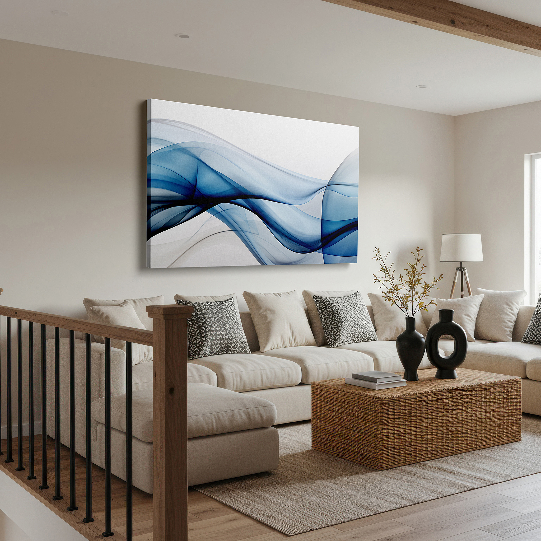 At 60×40 cm, this format fits effortlessly over dressers or benches — serene blue waves: abstract expression in large canvas wall art for office decor