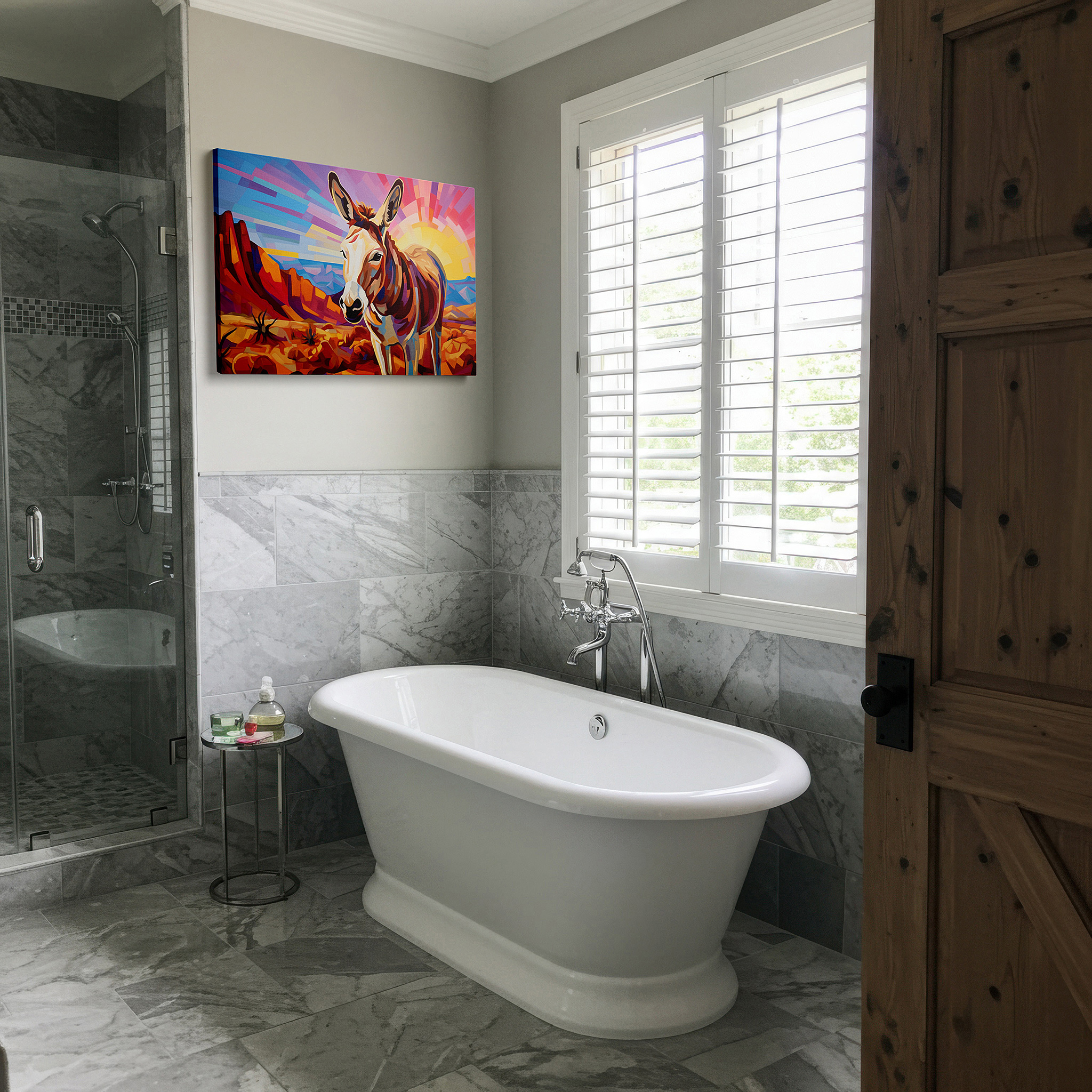 At 60×40 cm, this format fits effortlessly over dressers or benches — serene donkey at desert sunrise: a tranquil blend of nature's palette - large canvas wall art for office and bedroom decor