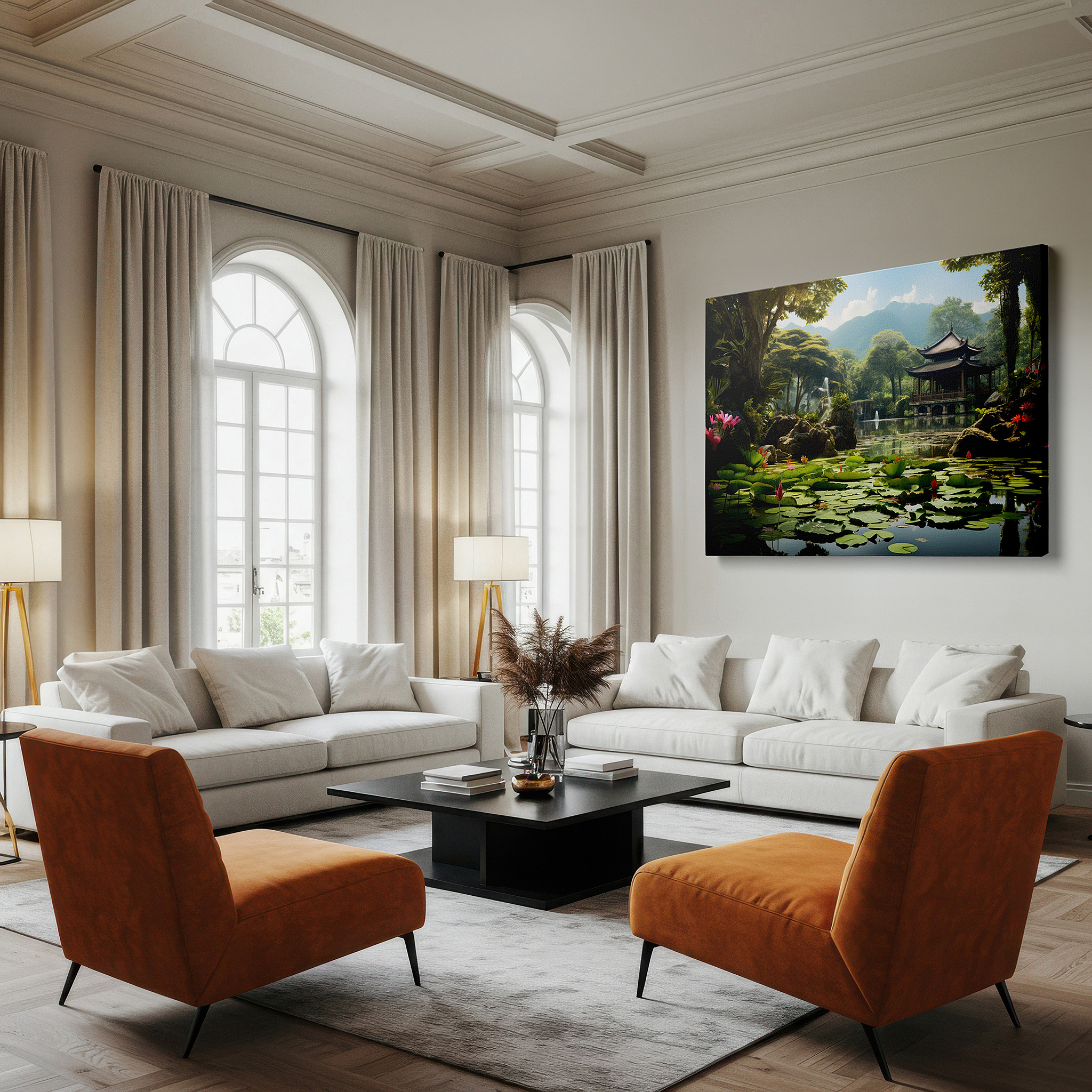 At 60×40 cm, this format fits effortlessly over dressers or benches — serene garden retreat featuring a reflective pond and classic pavilion: large wall art, canvas wall art, wall decor for office and bedroom