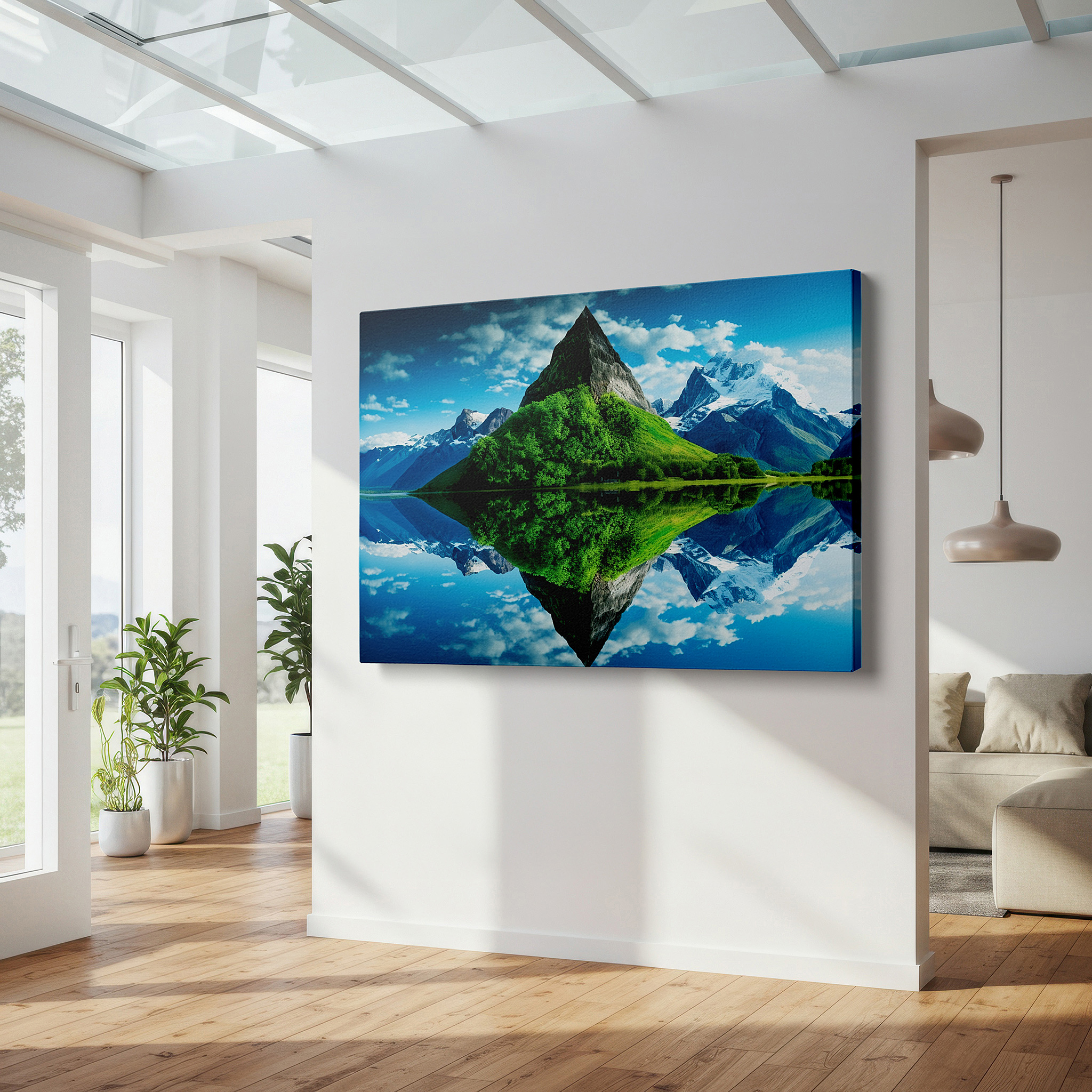 At 60×40 cm, this format fits effortlessly over dressers or benches — serene lake and mountain reflections large wall art - canvas decor for office and bedroom