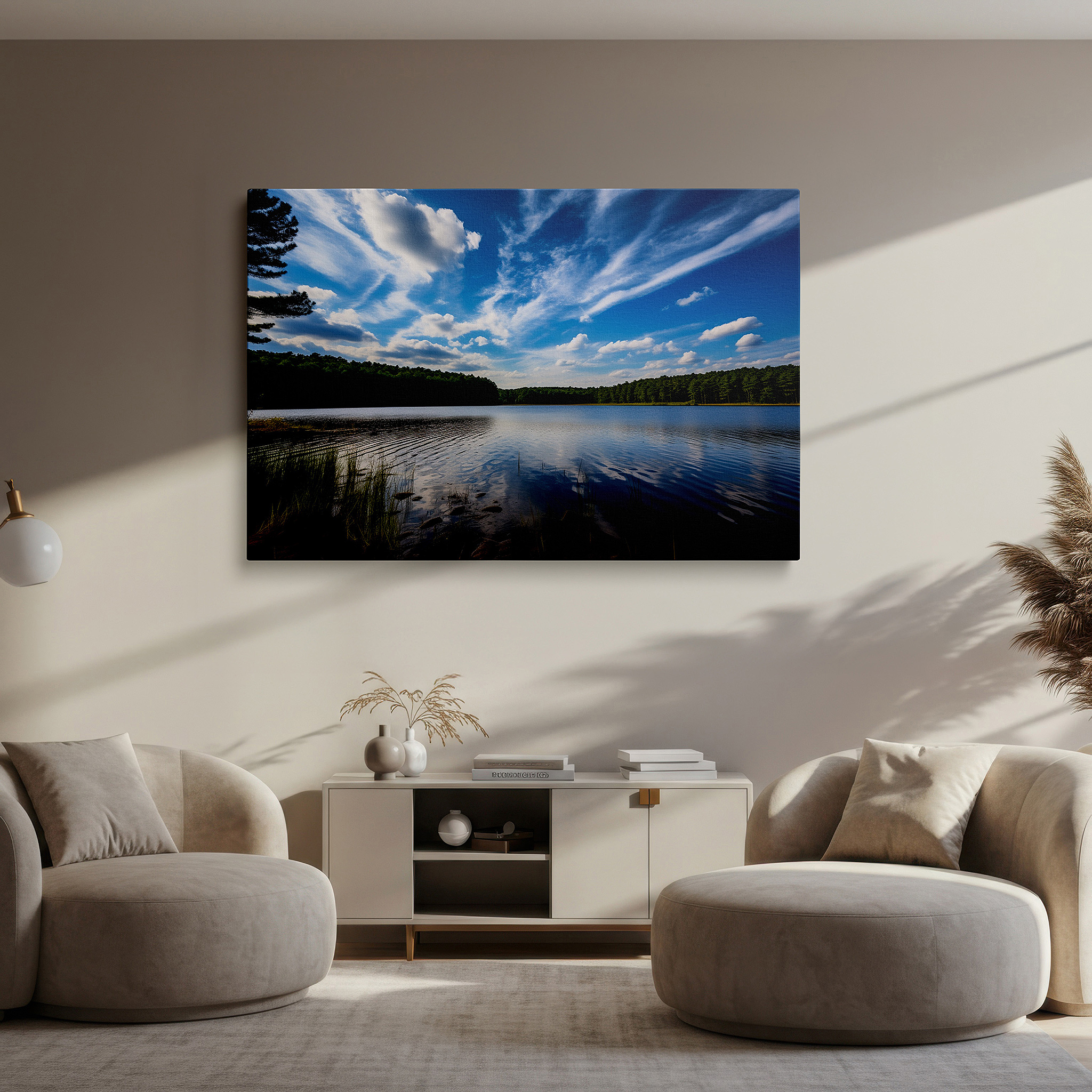 At 60×40 cm, this format fits effortlessly over dressers or benches — serene lake and towering pines reflective water scene large canvas wall art for office, bedroom, and living room decor