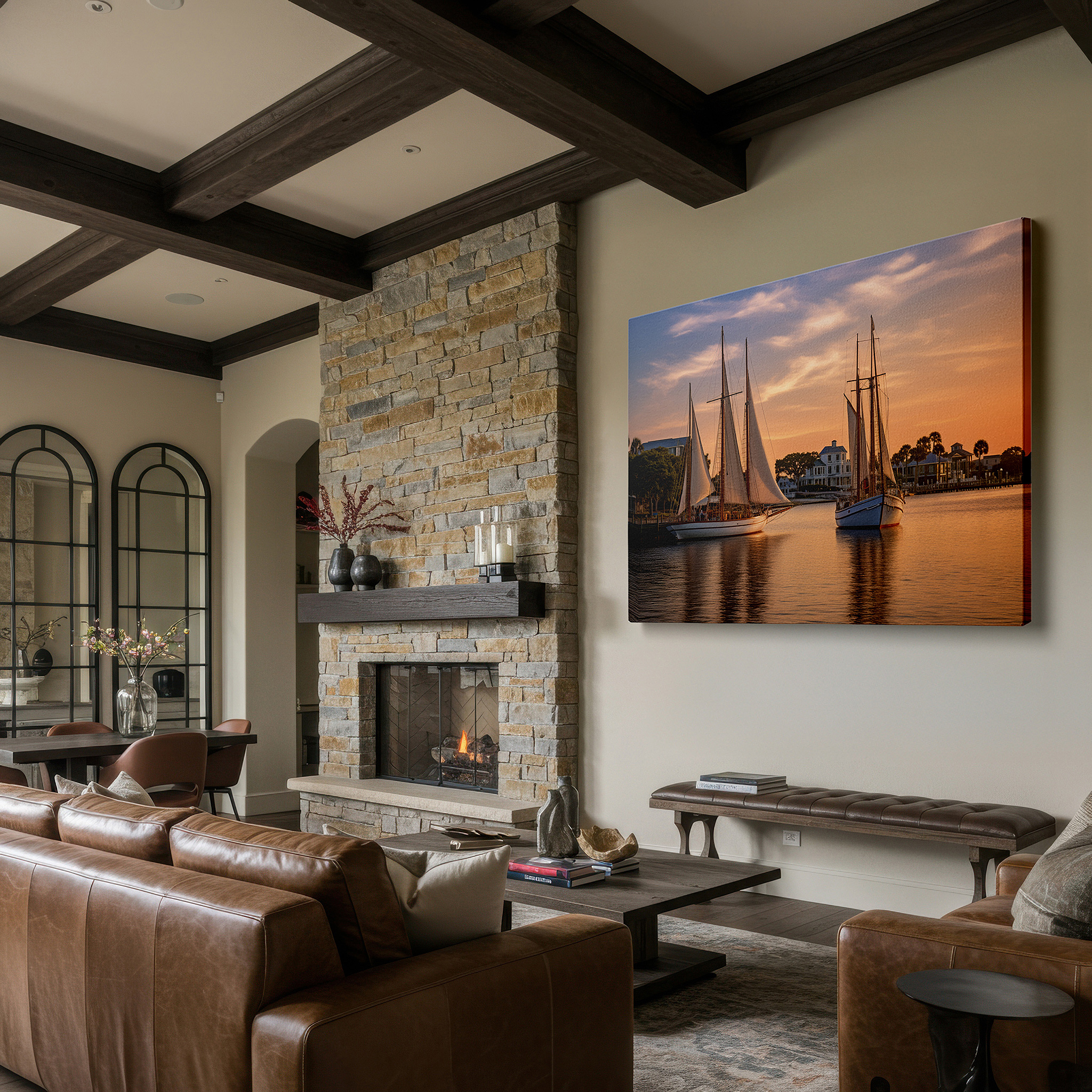 At 60×40 cm, this format fits effortlessly over dressers or benches — serene maritime sunset scene featuring elegant sailing vessels - large canvas wall art for office, bedroom, and living room decor