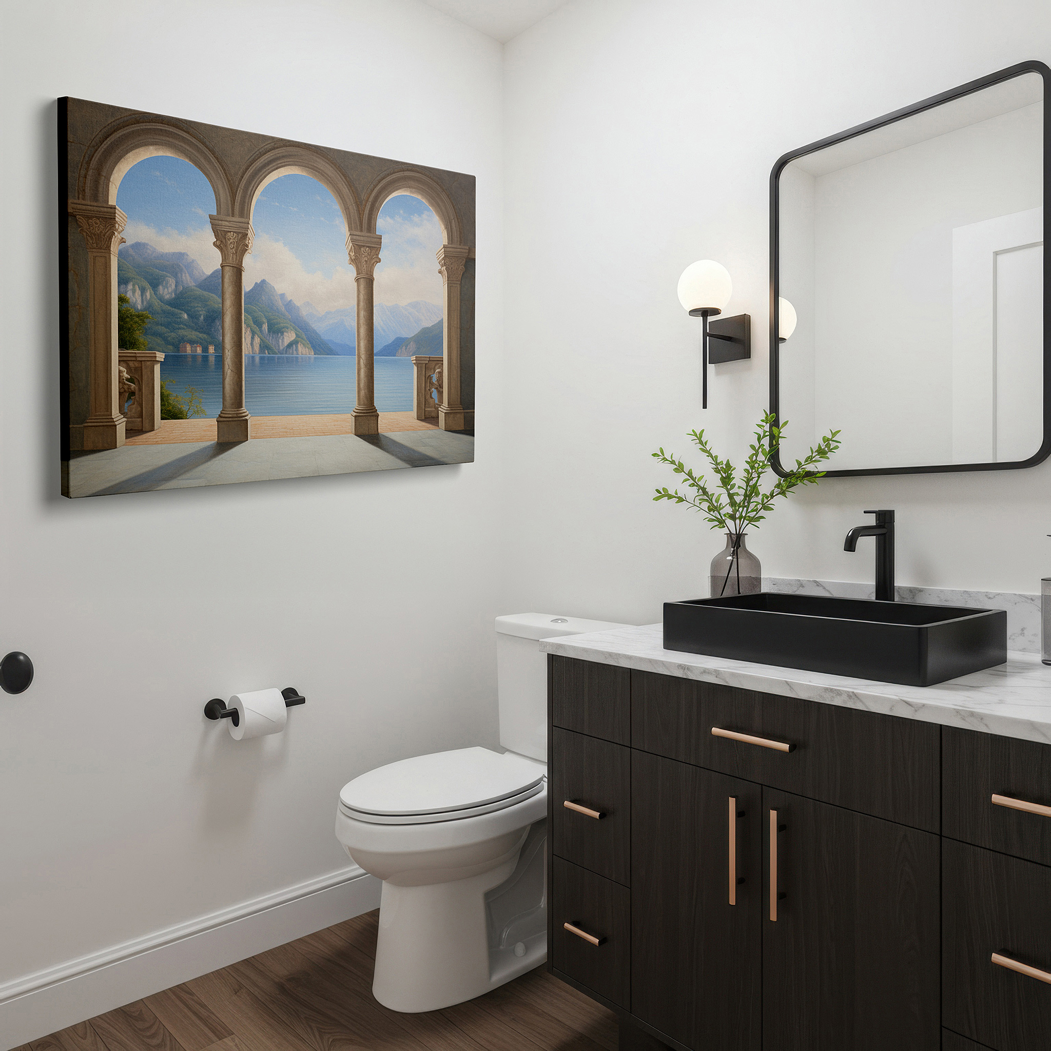 At 60×40 cm, this format fits effortlessly over dressers or benches — serene mountain lake and lush valleys view through arched windows, tranquil landscape large wall art, canvas wall decor for office
