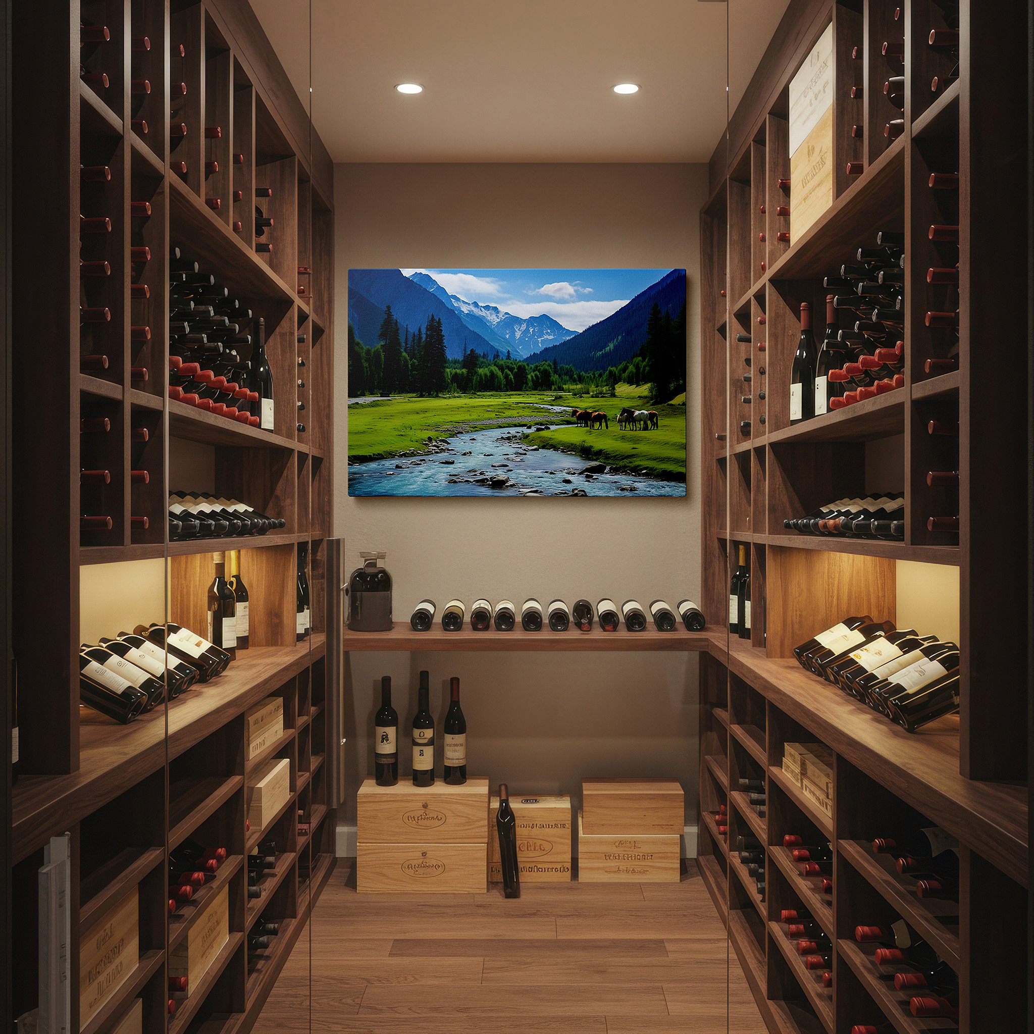 At 60×40 cm, this format fits effortlessly over dressers or benches — serene mountain valley and horses near glacial river - large canvas wall art for office, bedroom, and living room decor