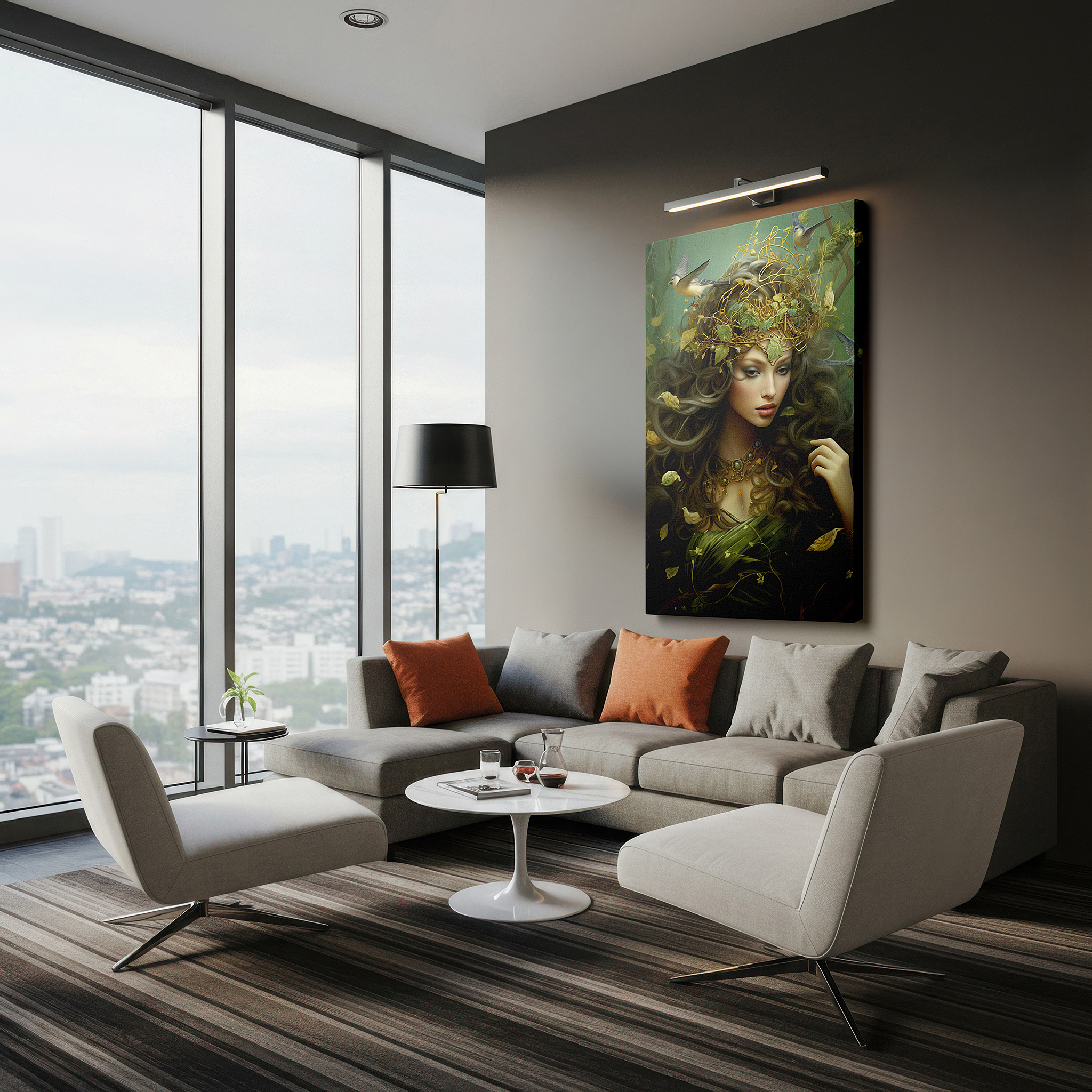 At 60×40 cm, this format fits effortlessly over dressers or benches — serene protector of nature, woman surrounded by lush greenery large wall art, canvas wall art, wall decor for office and bedroom